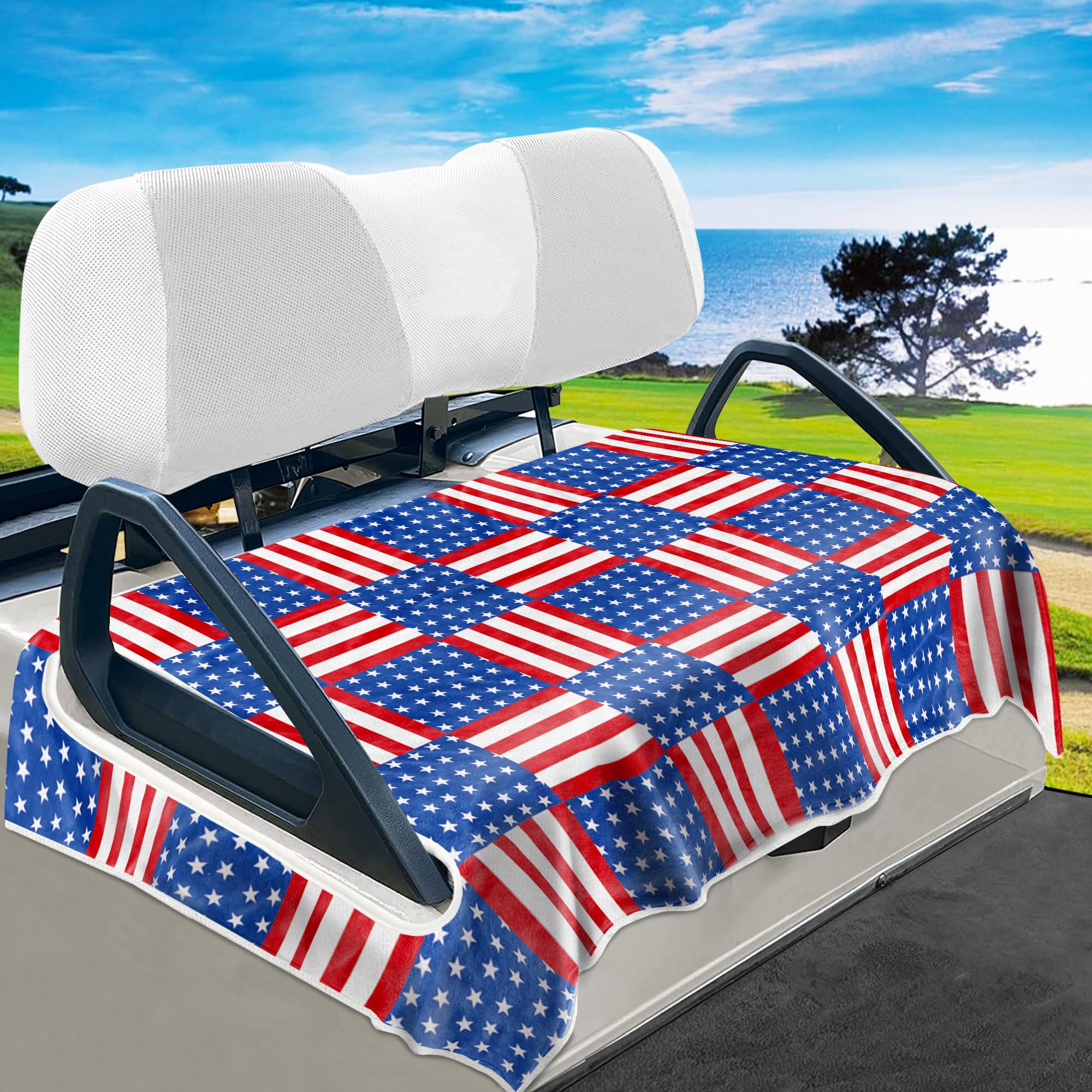 YOKYHOM American Flag Golf Cart Seat Covers for 2/4-Seater, Patriotic USA Seat Towel Blanket Keeps Seats Cool & Clean for Summer, Microfiber Fits EZGO