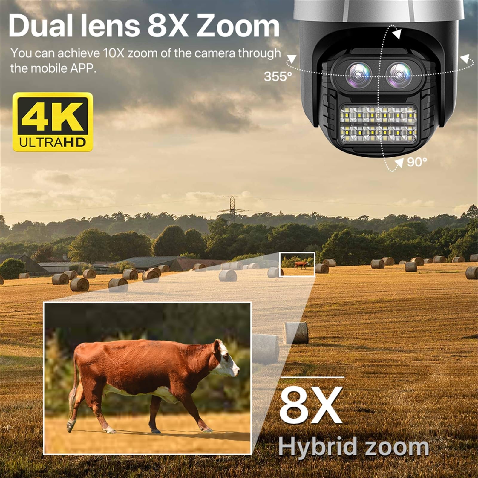 Kamera IP 8MP 4K Bezpieczeństwo Kamera PTZ 2.8 + 12mm Podwójny obiektyw Kolor zewnętrzny Noktowizor Kamera monitoringu CCTV 8x Zoom cyfrowy(64G)