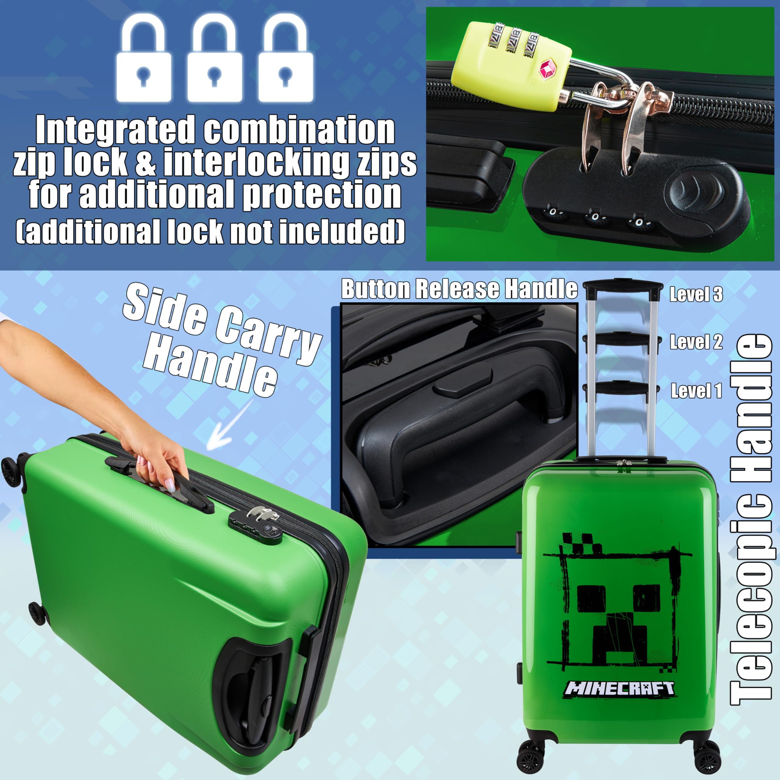 Minecraft Walizka dla Dzieci i Nastolatków Creeper z Twardą Obudową, Bagaż Podróżny na Kółkach, 4 Kółka, Niezbędniki Podróżne na Wakacje i Wycieczki, H26.2"xW18" - 46 L