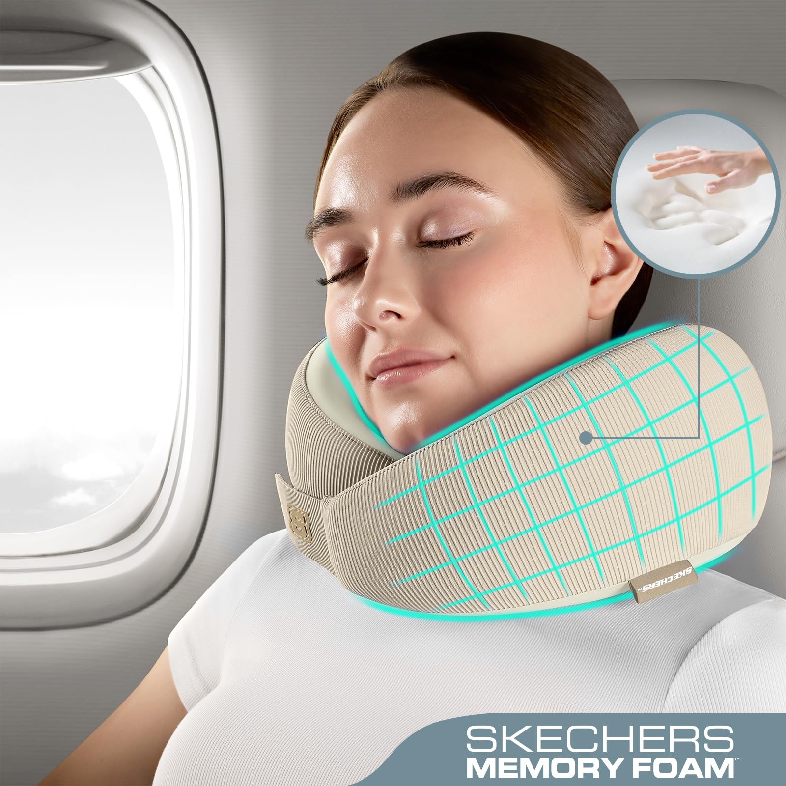 Skechers Nackenkissen aus Memory-Schaum, bequemes und atmungsaktives Reisekissen, Nackenkissen Flugzeug für Reisen, Autofahrten, Zuhause und Büro, ergonomisches Design für Damen und Herren, Beige
