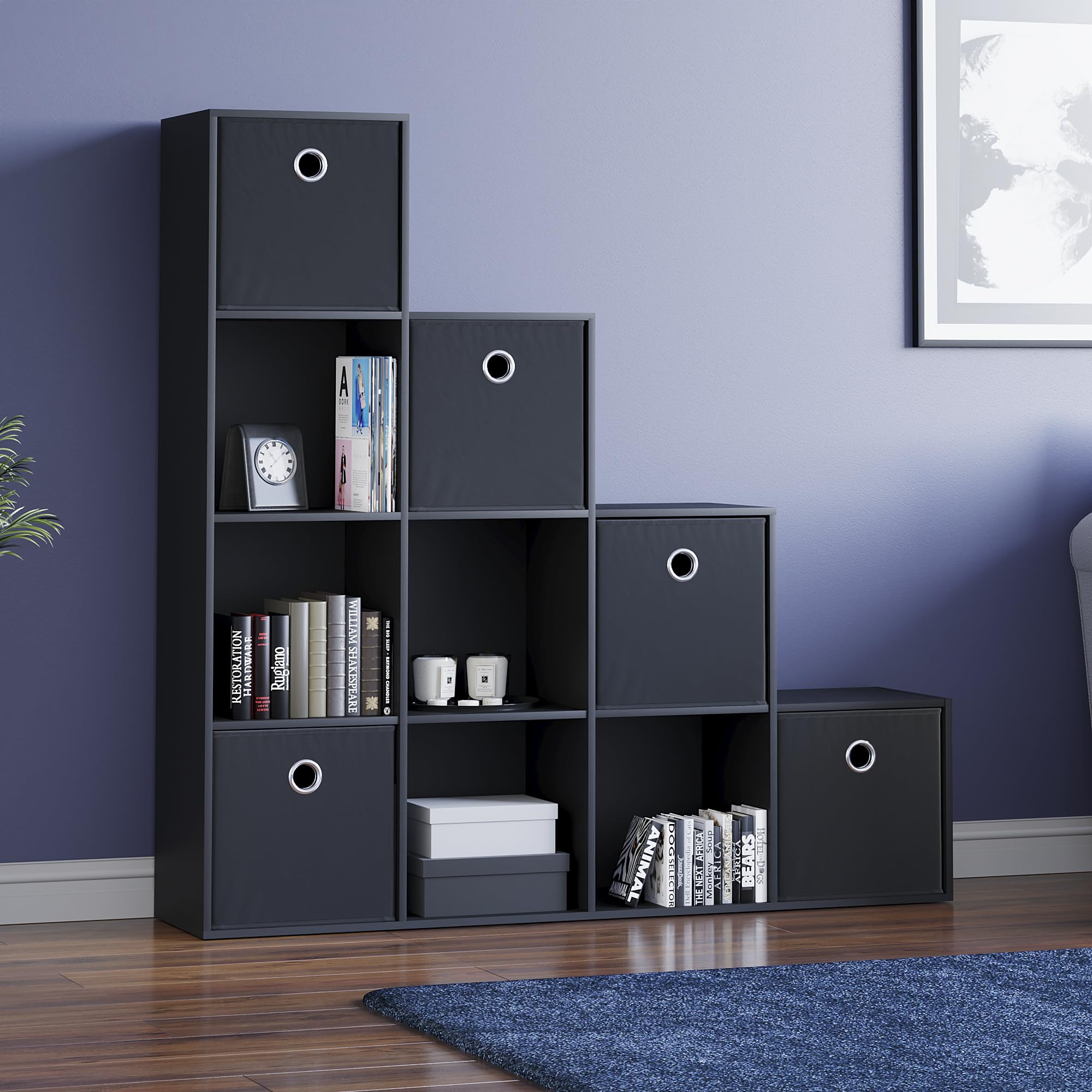 Vida Designs Durham Staircase Bookcase Shelves Storage Organiser Living Room Furniture (10 Cube & 5 Black Baskets, Black)