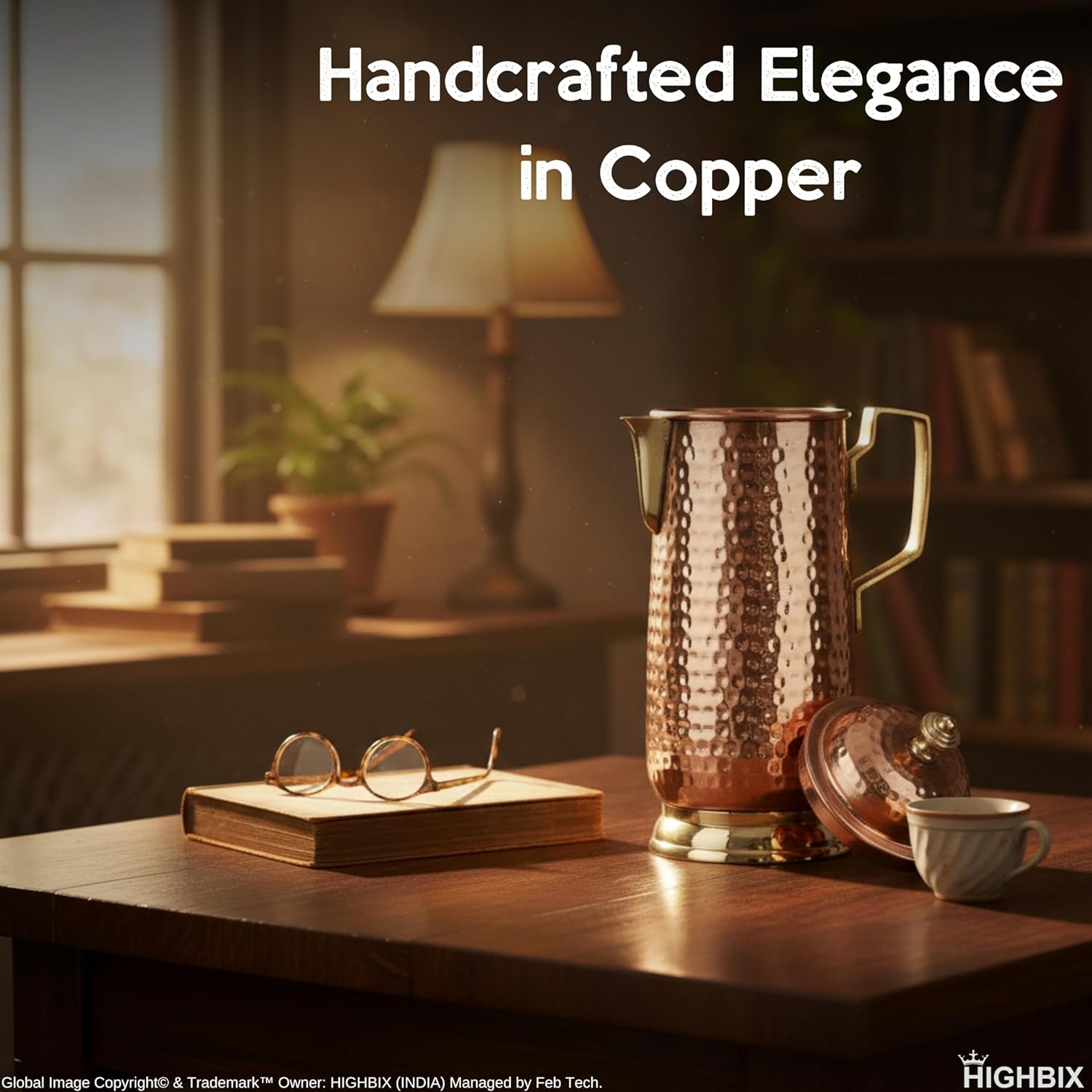 HIGHBIX Pure Copper Water Jug with Lid & 2 Tumblers Set | Handmade Hammered Copper Pitcher for Drinking Water | Traditional Ayurvedic Copper Drinkware | Kitchen, Home & Gift Use