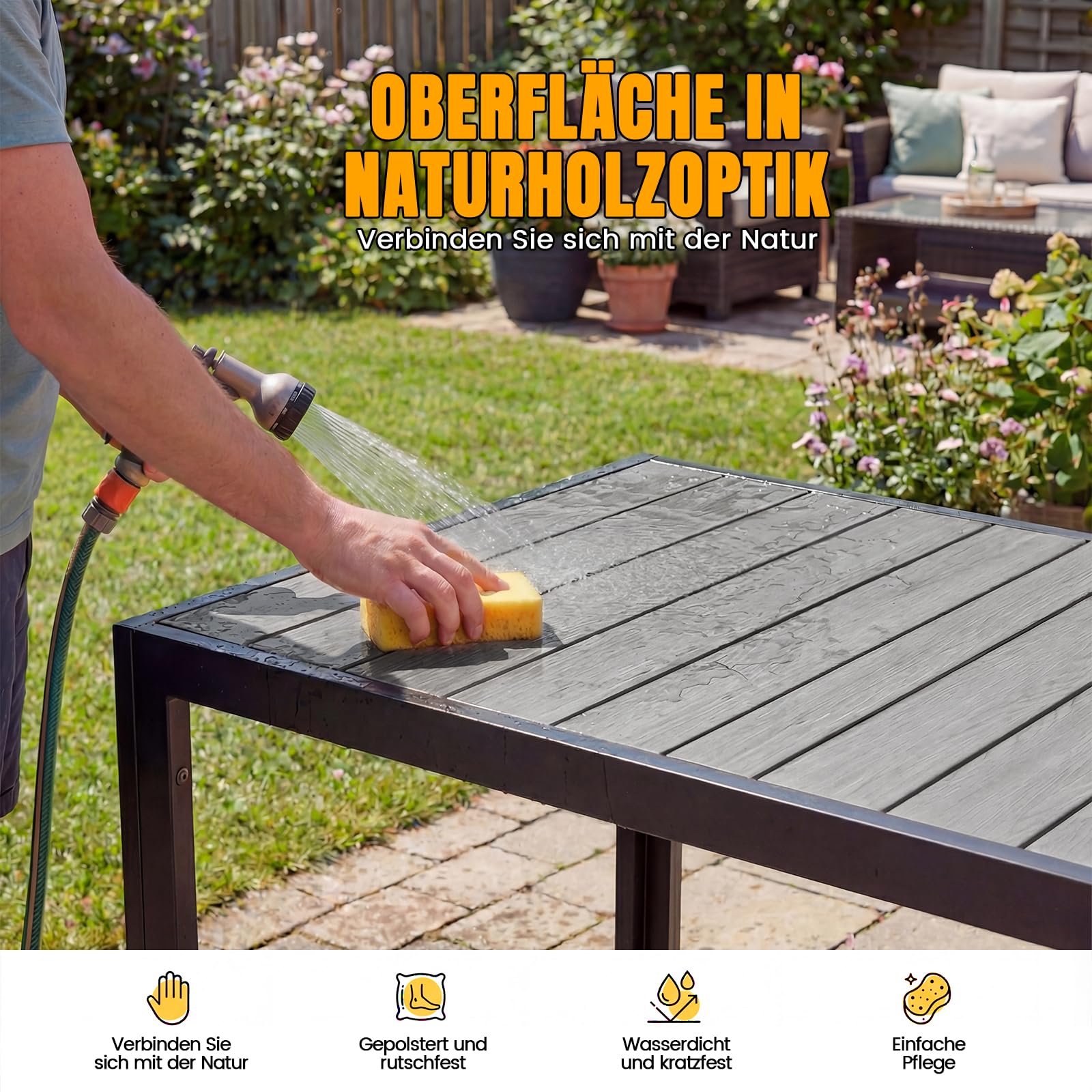 Devoko Gartenmöbel Set 8 stühle mit Tisch, Bestehend aus 1 Aluminiumtisch und 8 Klappstühlen für balkonmöbel. 1 x 189 cm Gartentisch mit Holzmaserung, Terrassenmöbel-Set, Dunkelgrau.