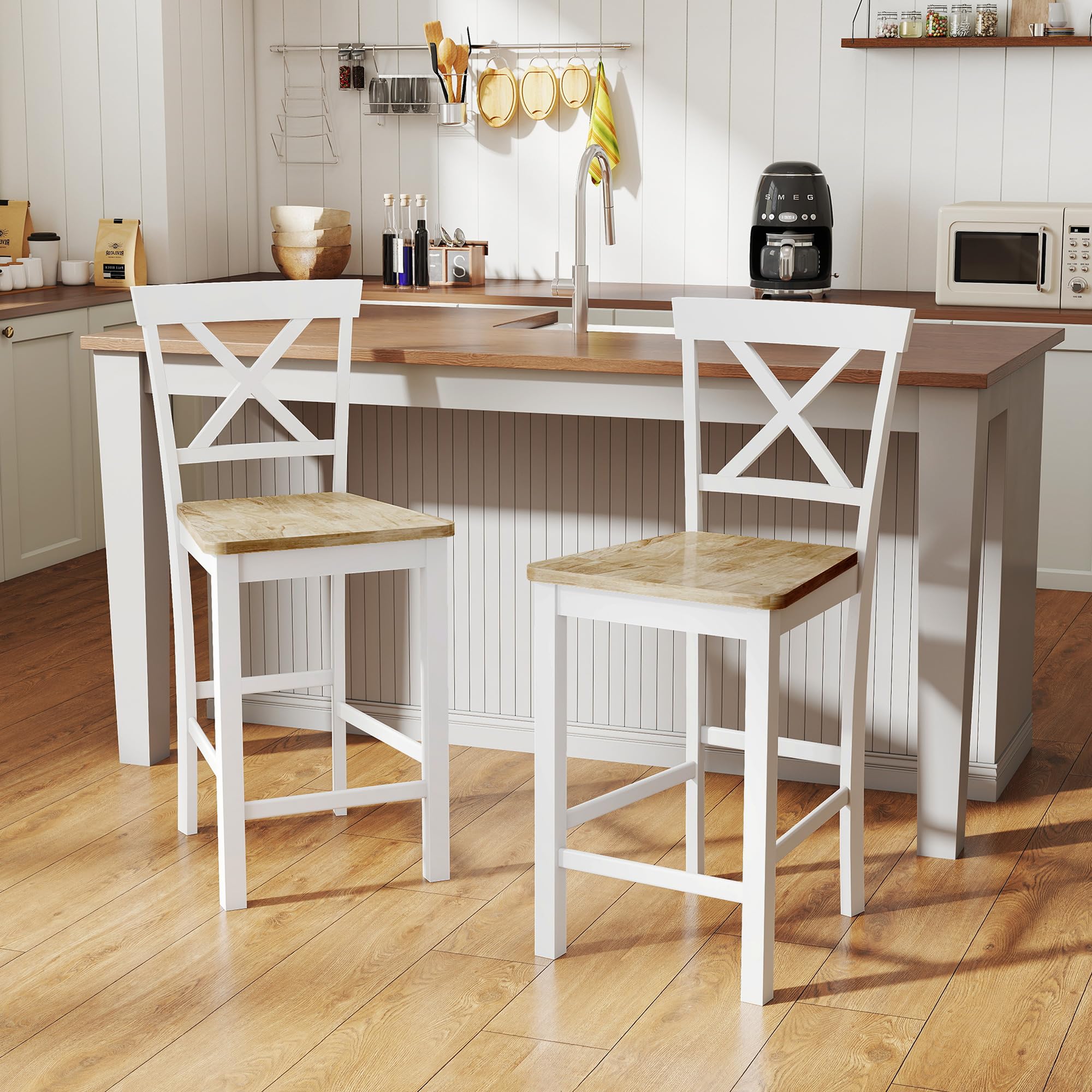 HOMCOM Barhocker 2er Set Armlose Küchenstühle mit Rückenlehne, Eiche