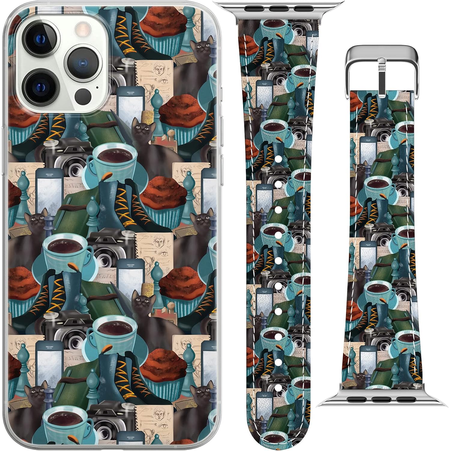 Wrist Band Compatible for Apple Watch Series 7/6/5/4/3/2/1/SE & Matching Phone Case Vintage Bracelet Print Books Replacement Strap 38-40-42-44 mm Student Dark Academia Aesthetic PU Leather image 2
