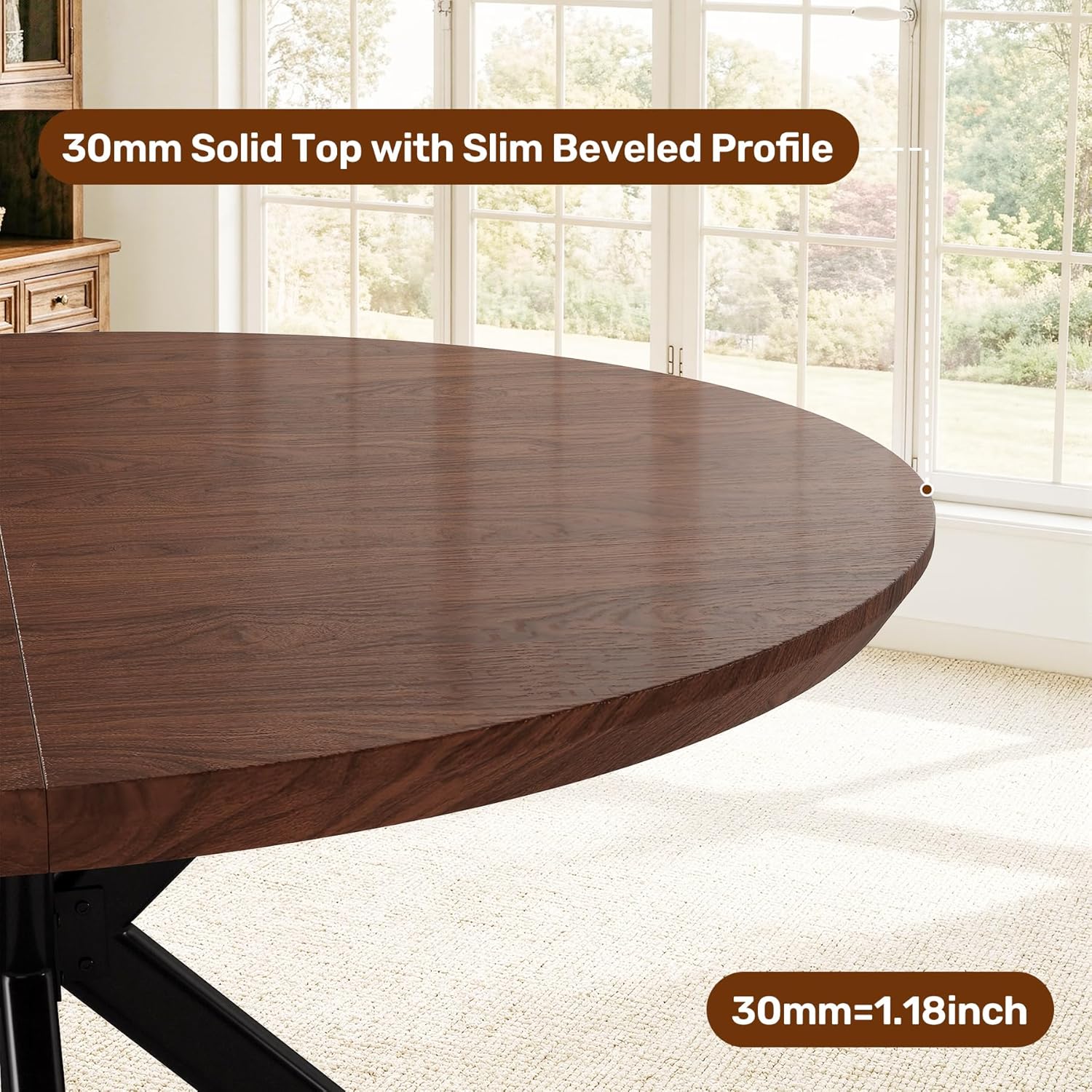 47.2" 5-Piece Round Dining Table Set for 4, Modern Wood Dining Table with 4 Upholstered Chairs, Kitchen & Dining Room Table Set with Metal Base for Apartment, Small Space, Walnut Table+4 Brown Chairs