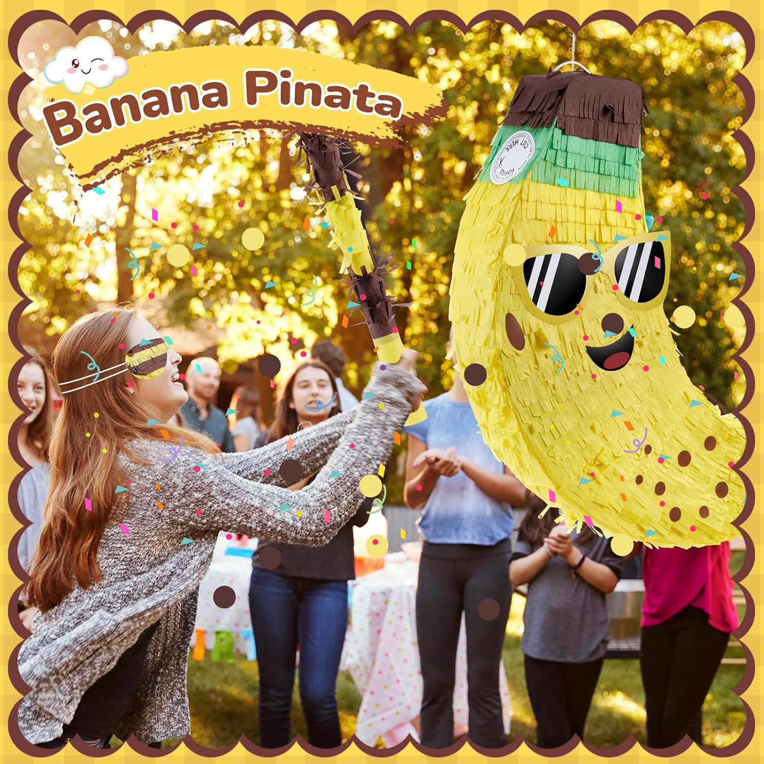 4 Pcs Banana Piñata Fruit Summer Luau Party Game Supplies 17. 5inch Banana Piñatas Birthday Decorations with Blindfold Bat and Confetti for Hawaiian Tropical Fiestas Carnival Party Game