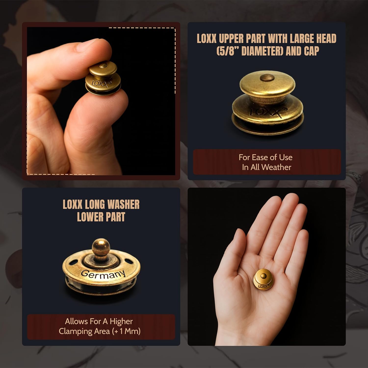 Loxx & CS Osborne Antique Brass Snaps, Fasteners for Leather, Leatherworking and Leathercraft Buttons for Handbags, Guitar Straps, Belts, Pack of 6