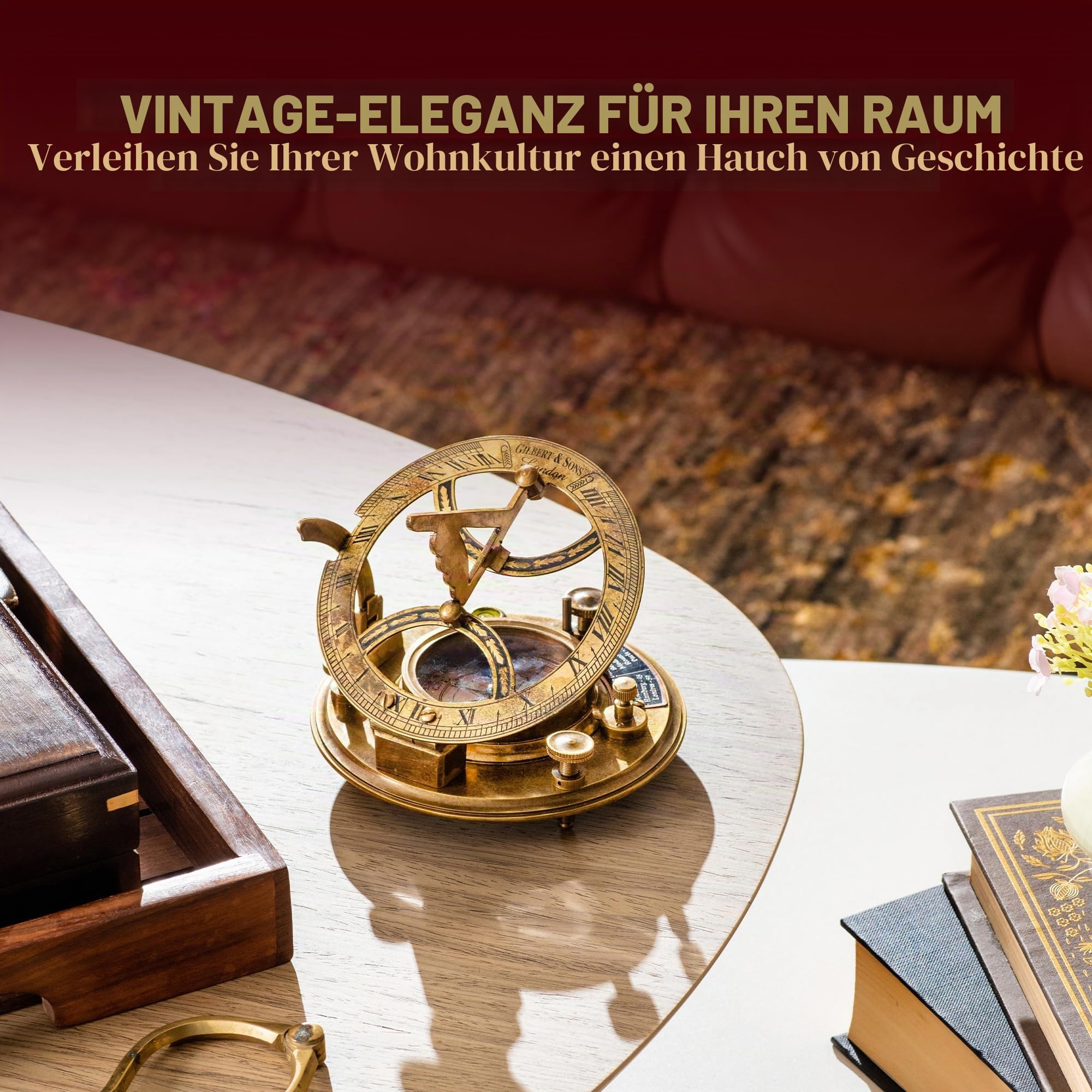 Steampunk-Sonnenuhr-Kompass mit Holzbox und Diagramm, Antik-Look, 12,7 cm