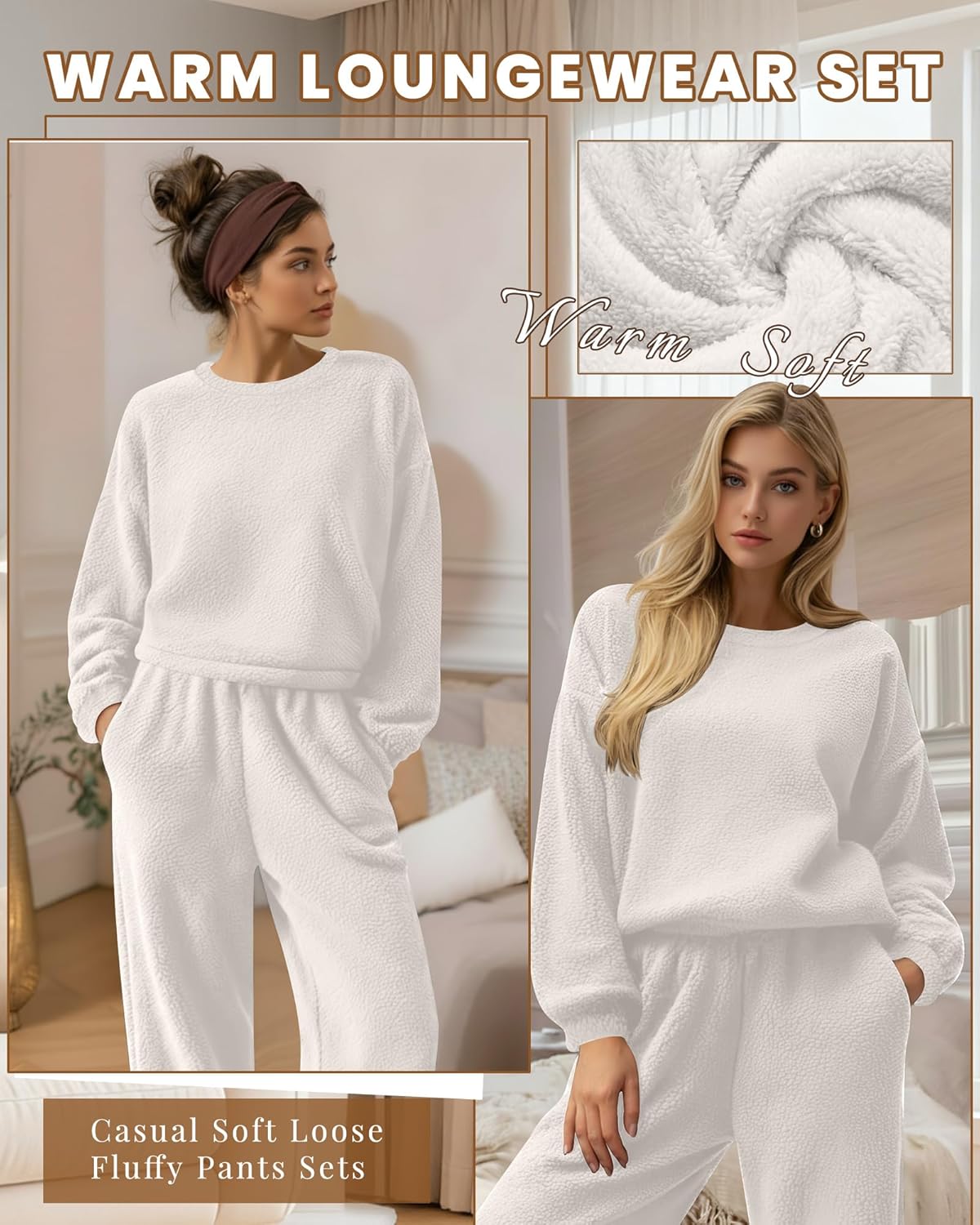 Women's Fuzzy Pajamas Sets Warm Fleece Loungewear Outfit Cozy Long Sleeve Fluffy Pullover Pant Set 2 Piece - Image 5