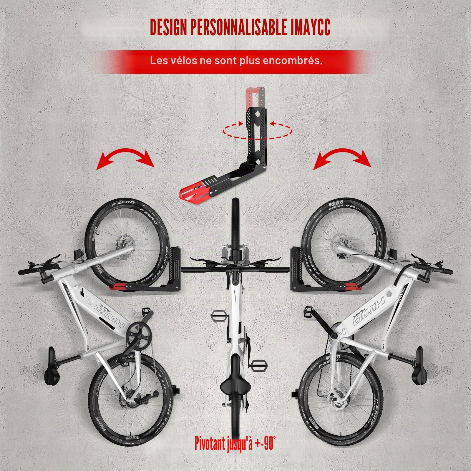 IMAYCC Support Velo Mural Pivotant, Porte Velo Mural Vertical Ajustable Et Pliable, Pas De Levage Nécessaire Accroche Velo Mural,Support à Vélos Peu Encombrant Pour Garage Vélo Léger/Vtt/Vélo De Route