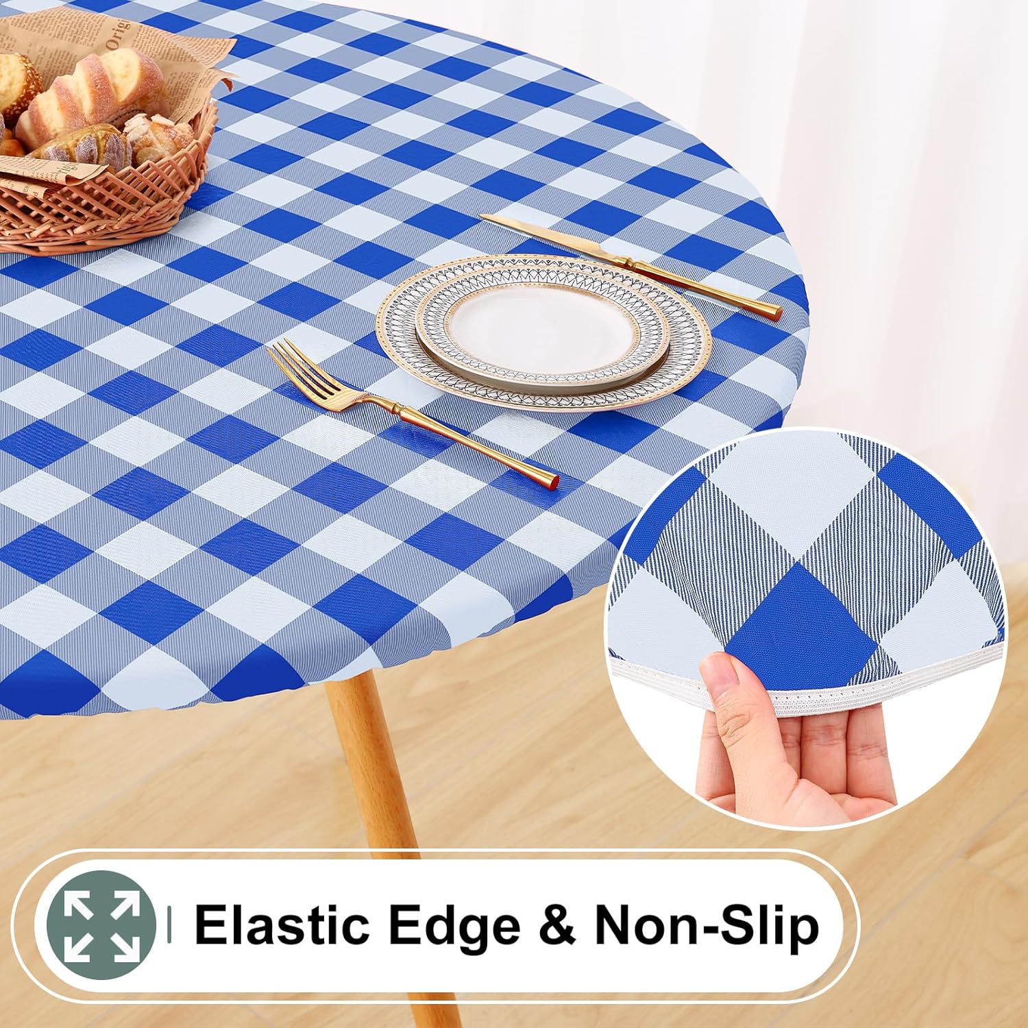 misaya Round Fitted Tablecloth with Elastic Edge, Buffalo Plaid Waterproof Vinyl Flannel Backed Table Cloth Cover Fits 57"-66" Round Tables for Dinner, Outdoor, Picnic, Blue White Check