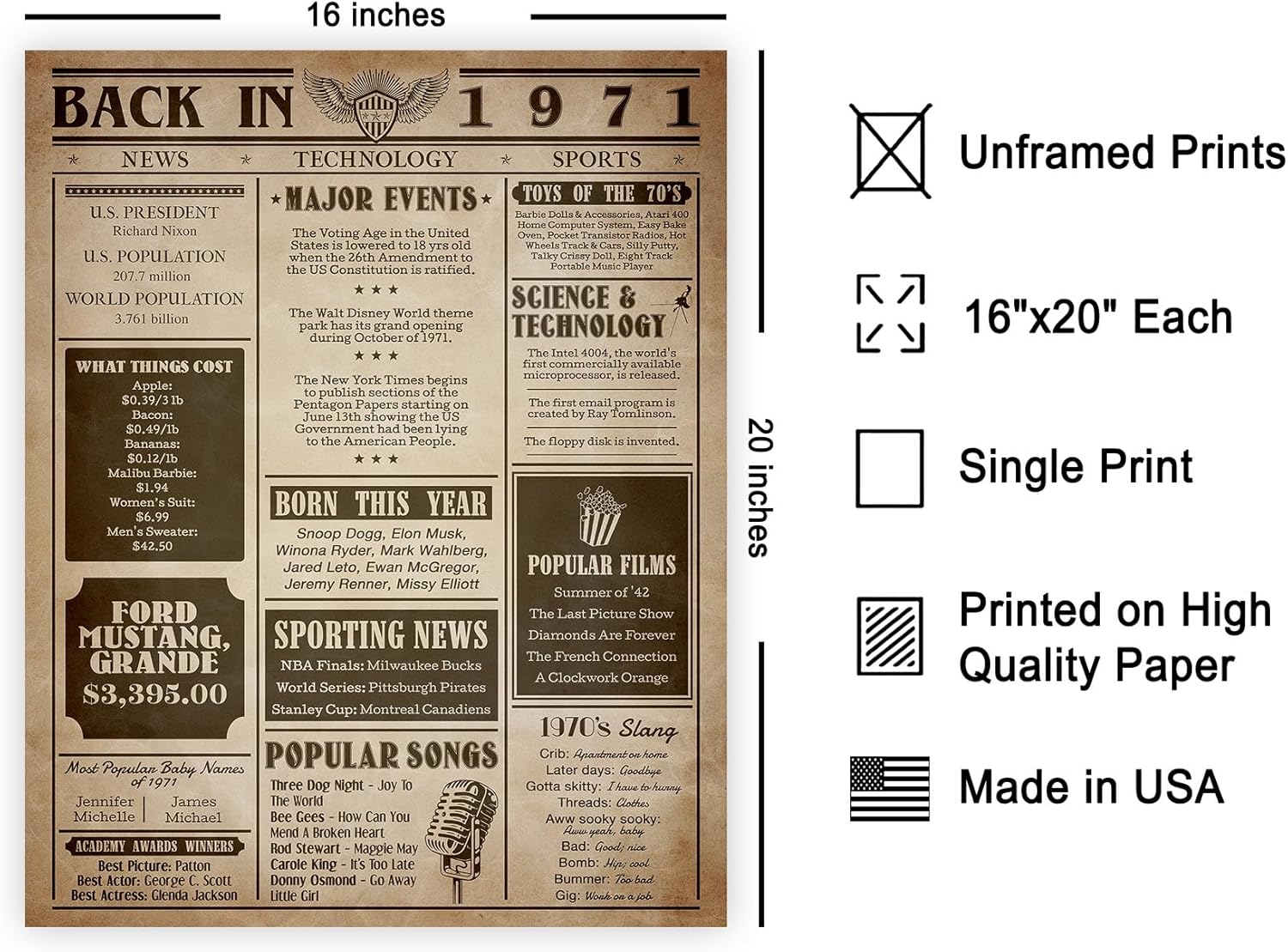 Poster Master Back in 1971 Poster - Newspaper Print - Fun Facts Art - Year 1971 in Review Sign - Birthday Gift Idea - Birth Newspaper Art - Great Office or Party Decor - 16x20 UNFRAMED Wall Art