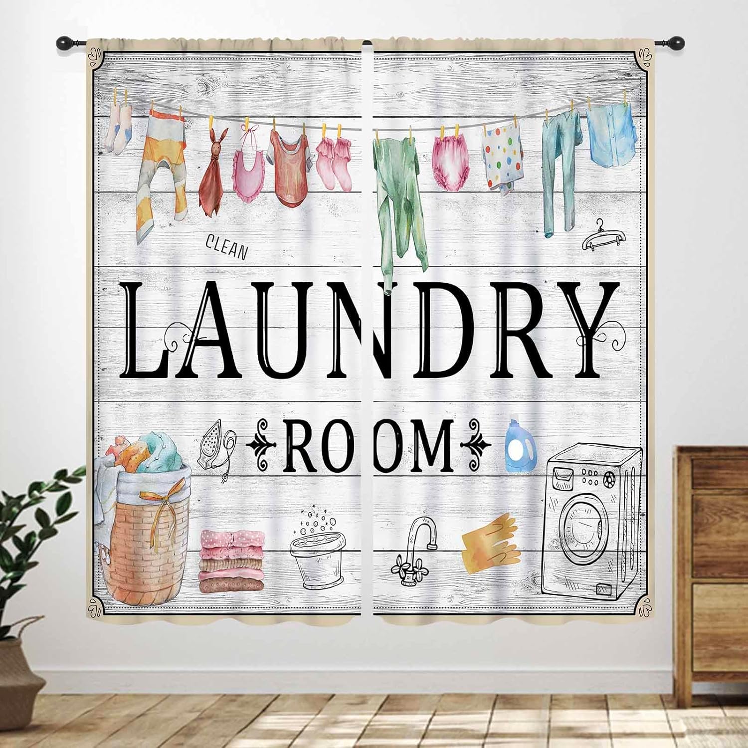 Laundry Room Curtains for Windows,Vintage Farmhouse Rustic Watercolor Hanging Clothes Laundry Drapes for Country Bedroom Living Room Windows Treatment 2 Panel,63X63 Inch