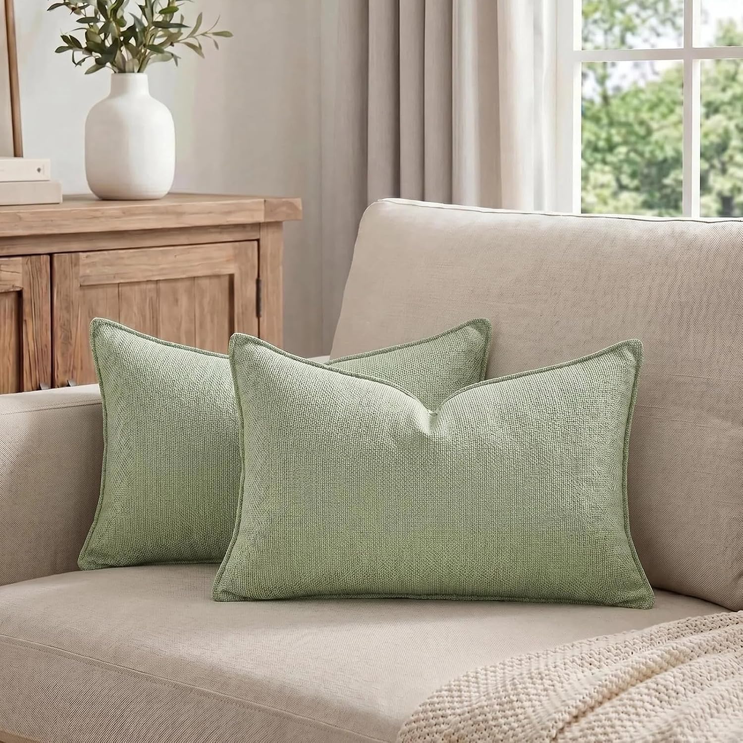 Fancy Homi Set of 2 Sage Green 12x20 Inch Soft Chenille Decorative Throw Pillow Covers with Flange Edge, Lumbar Neutral Modern Boho Textured Cushion Case Home Decor for Couch Sofa Bed Living Room