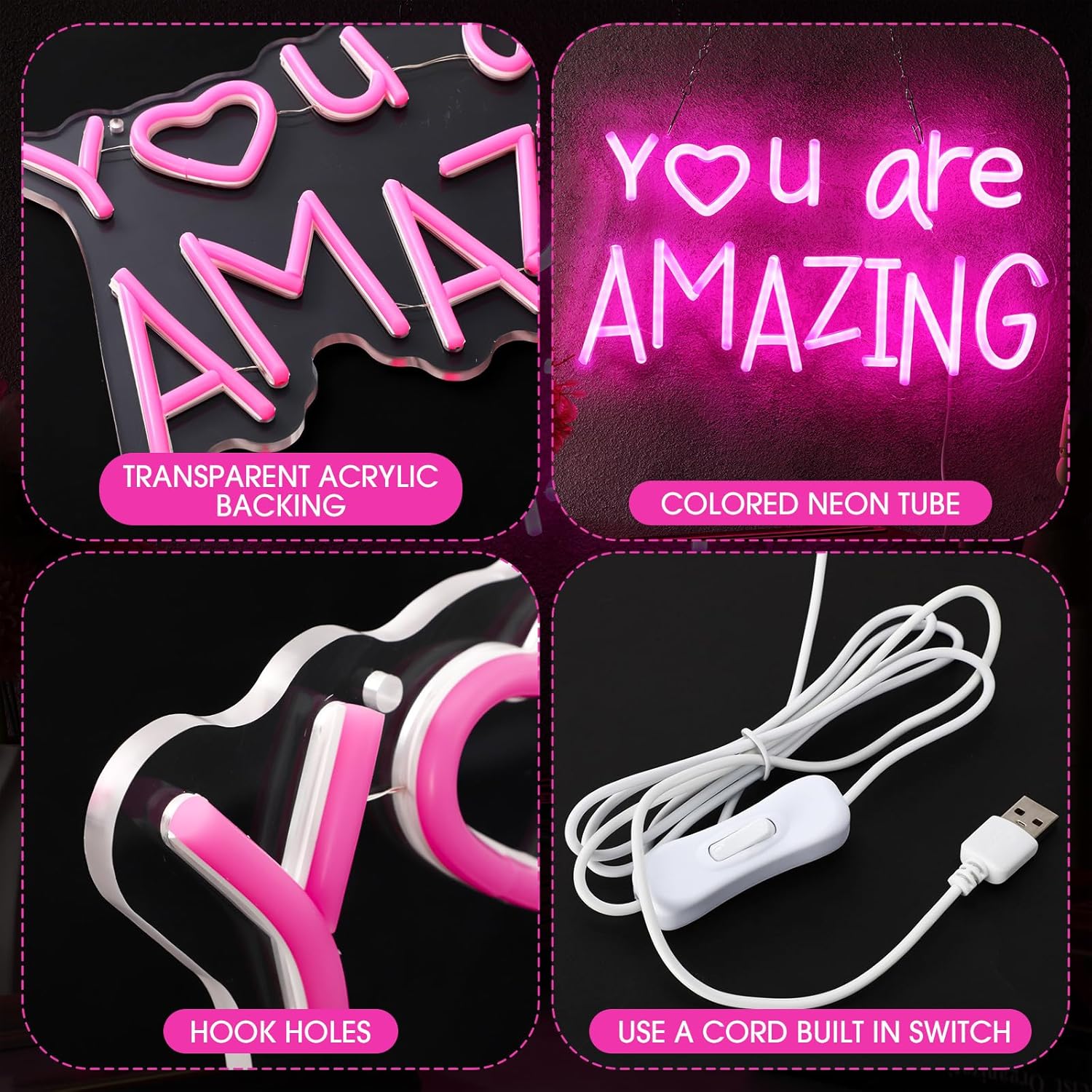 Retisee Pink You Are Amazing LED Neon Light Sign Dimmable for Girls Room Bedroom Bar Pub Club Decoration Hanging Pink LED Light for Party Birthday Wedding Women 15 x 8.6 Inch - Image 3