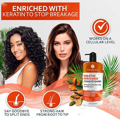 Miniatura 2 de BELLISSO Acondicionador de queratina, tratamiento profundo para cabello seco y dañado, sin sulfatos, fórmula de salón - para cabello rizado, teñido