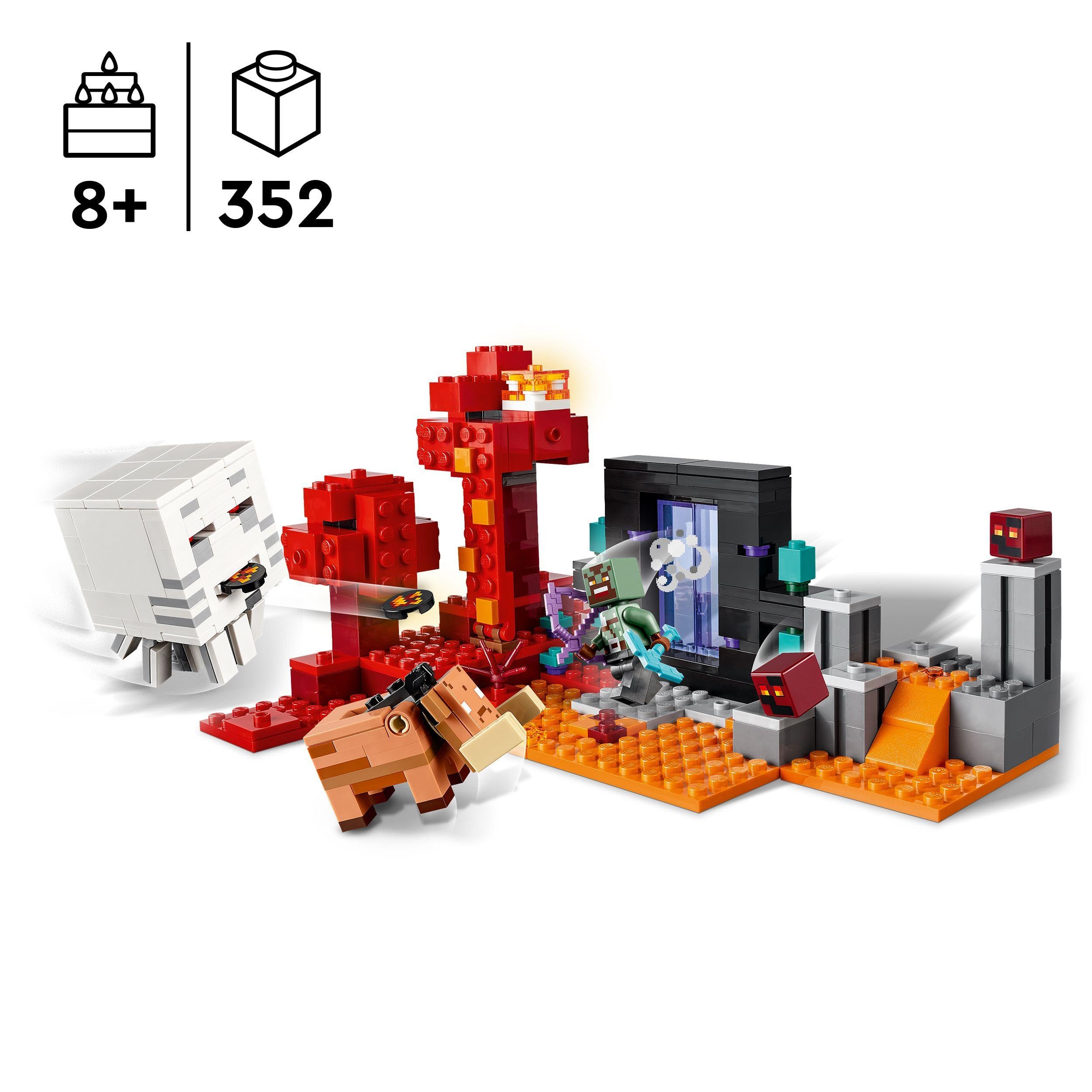 LEGO Minecraft Agguato nel Portale del Nether, Gioco da Costruire per Bambini e Bambine da 8 Anni in su, Set con Scene di Battaglia e Personaggi Iconici, Regalo per Gamer e Fan 21255
