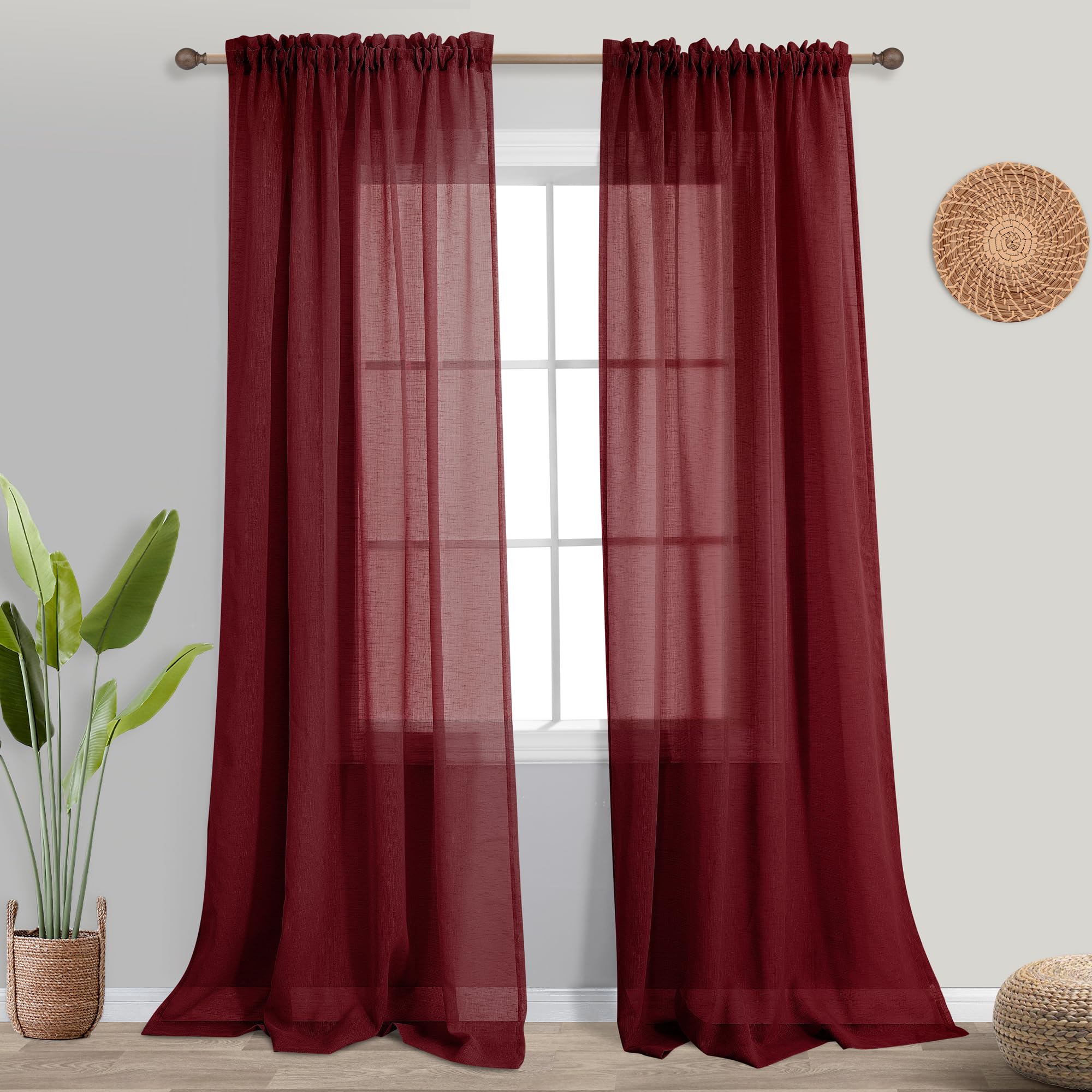 KOUFALL Burgundy Curtains 84 Inch Length for Living Room 2 Panels Set Rod Pocket Faux Linen Semi Sheer Curtains for Bedroom Christmas Decor Holiday Decorations 52x84 Inches Long Wine Dark Red
