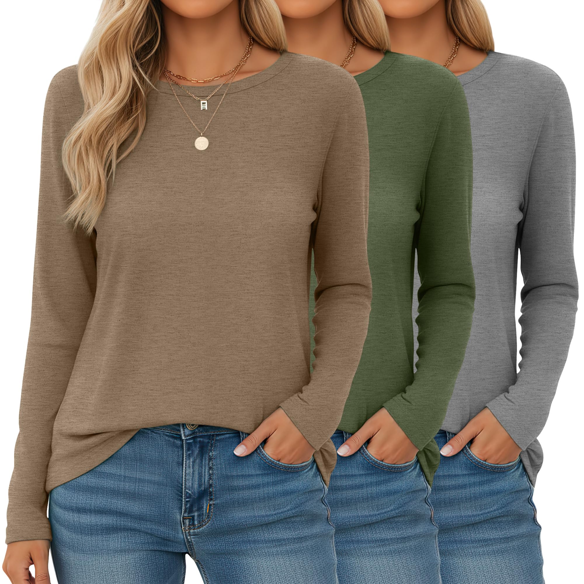Ficerd 3 Pack Womens Long Sleeve T-Shirts Crew Neck Casual Loose Fit Tunic Fall Tops Regular Shoulder Basic