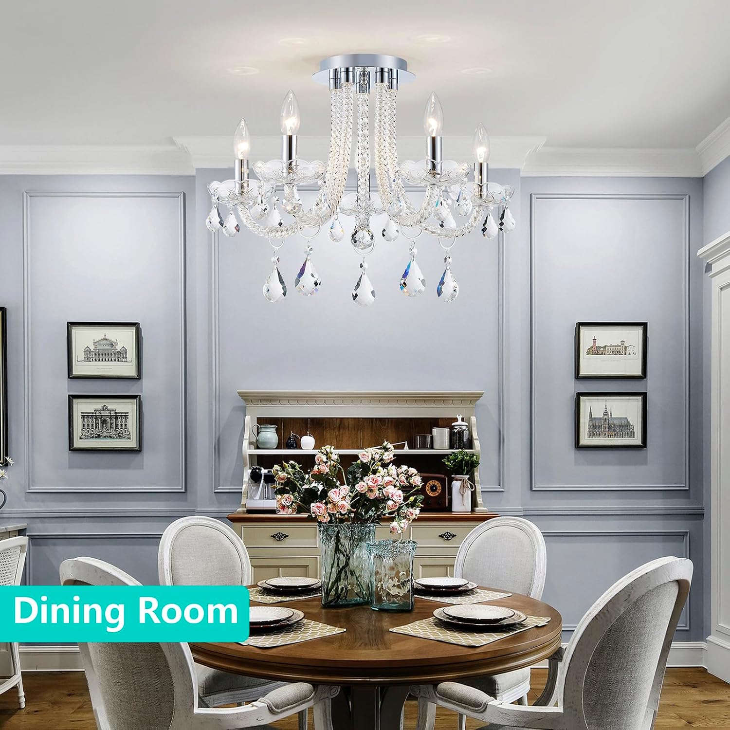 French K9 Crystal Maria Theresa Candle Chandelier, Luxury Vintage Pendant Light Fixture for Dining Room, Living Room, 5 Lights, D22.4*H15.7 inch, Clear Crystal & Chrome Finish Frame