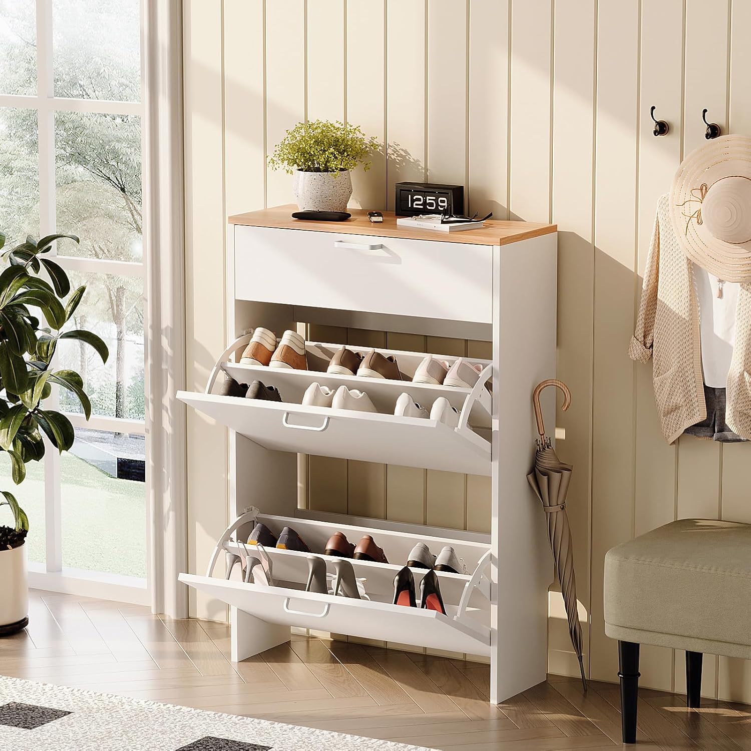 VINGLI Shoe Cabinet Storage for Entryway Ultra Slim with 2 Flip &1Drop-Down Drawers, 24.8" W Narrow Shoe Cabinet for Front Door Entrance,Freestanding Modern White Wood Shoes Organizer for Hallway