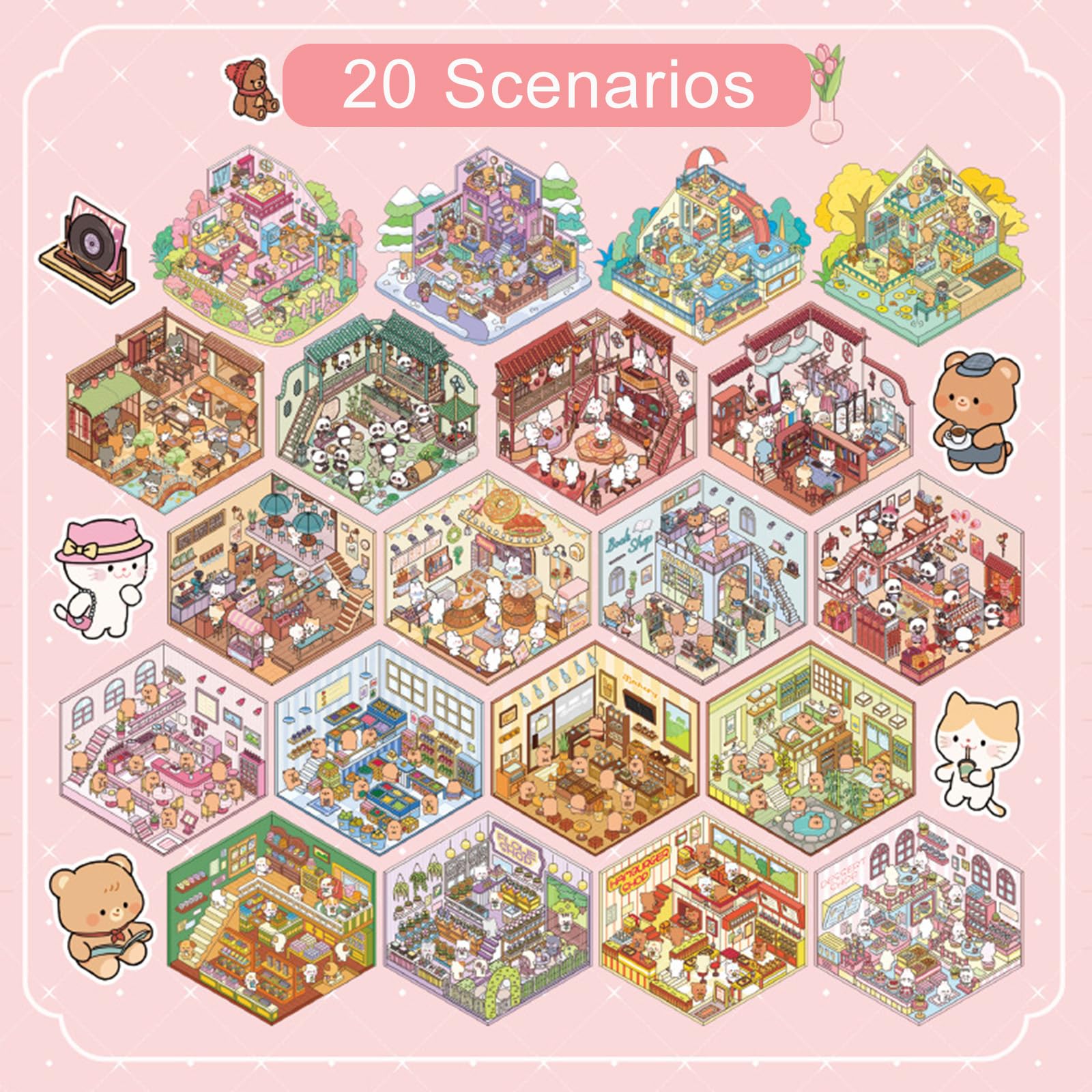 20 Sets DIY 3D Creative Scene Sticker Books Miniature House Scene Stickers Book for Adults and Kids,Safe Stress Relief Book Stickers Scenes with Tweezers Fun & Reusable DIY Sticker (Sunshine Town) - Image 4