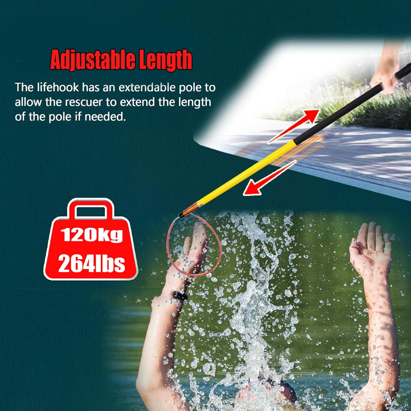 Kij ratunkowy, teleskopowy hak ratowniczy w wodzie, regulowany wysięgnik 5,5 m (18 stóp) do reagowania awaryjnego, lekki sprzęt ratunkowy dla pływaków w przypadku