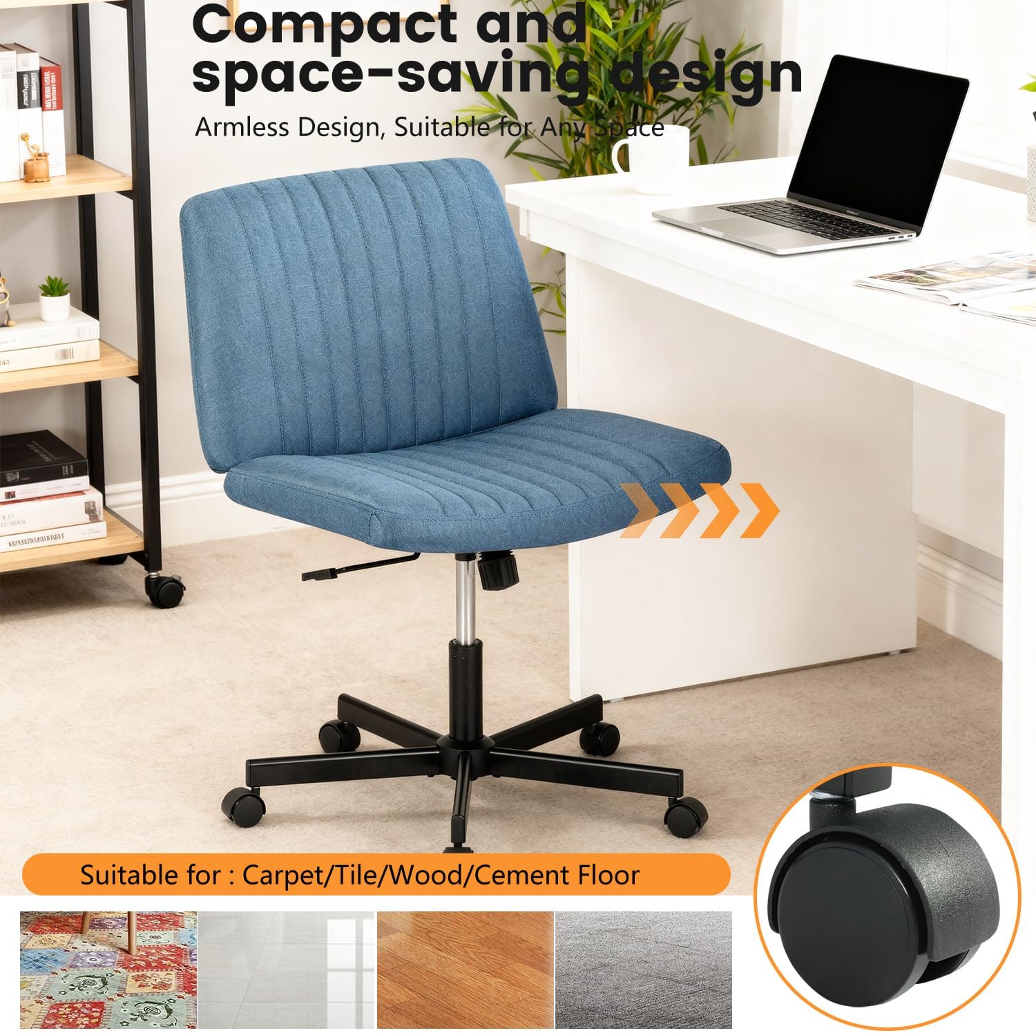 FDW Criss Cross Chair with Wheels Cross Legged Office Desk Modern Swivel Height Adjustable Wide Seat Computer Task Vanity Chair Comfy Fabric Armless Seating for Home Office