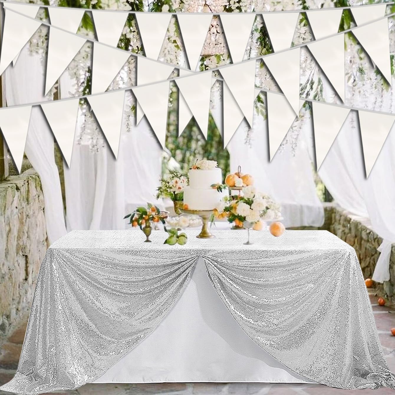 40 m weiße dreieckige Wimpelkette mit Metallic-Gewebe, Girlande für Weihnachten, Abschlussfeier, Hochzeit, Verlobung, Jahrestag, Junggesellinnenabschied, Geburtstag, Brautparty, Valentinstag,