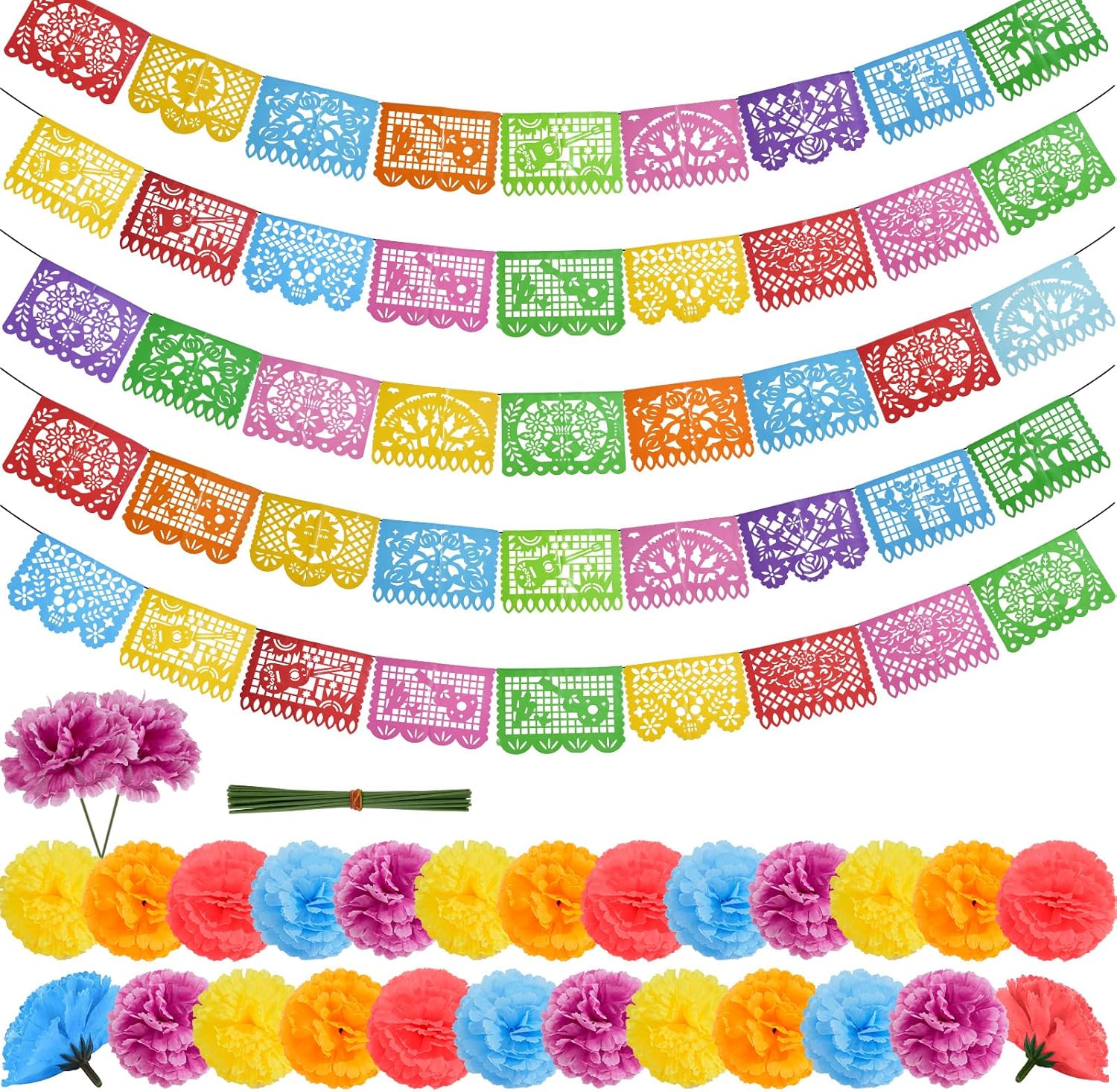 SEISSO Mexican Party Decorations, 5PCS Papel Picado Banners & 25PCS Artificial Marigold Flowers, Fiesta Party Decorations Plastic Fiesta Banner for Cinco de Mayo Birthday Decor