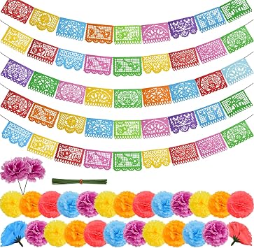 SEISSO Mexican Party Decorations, 5PCS Papel Picado Banners & 25PCS Artificial Marigold Flowers, Fiesta Party Decorations Plastic Fiesta Banner for Cinco de Mayo Birthday Decor