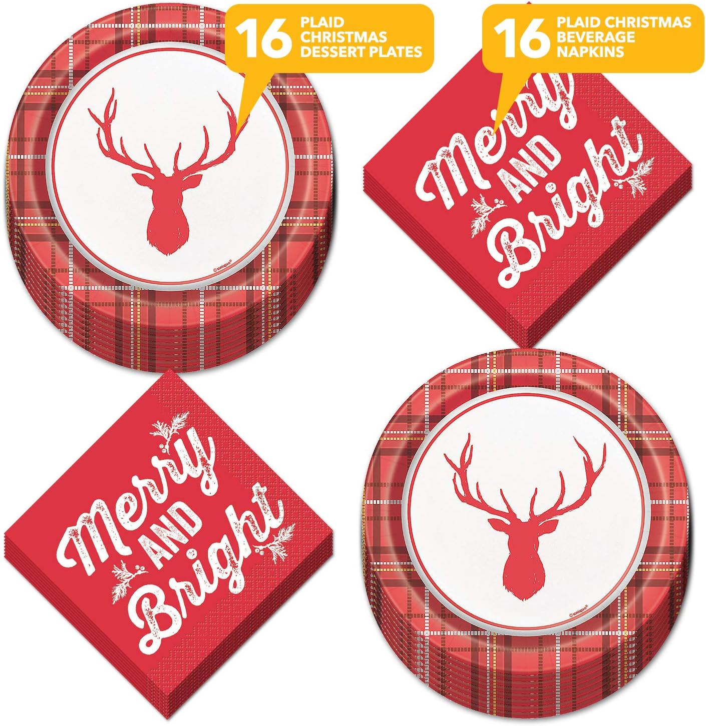 Merry and Bright Red Plaid Christmas Party Supplies - Merry and Bright Woodland Deer Dessert Plates and Napkins (Serves 16)