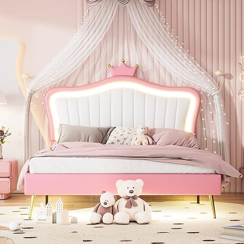 Miniatura 3 de Cama tapizada de tamaño Queen con luces LED, moderna y bonita cama tapizada de princesa con cabecera corona, marco de cama de madera maciza para