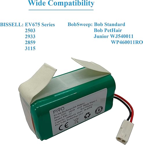 Miniatura 3 de FIVO Batería de repuesto para Bissell EV675, 2503, 2933, 2859, 3115, Bob Sweep WJ540011, WP460011RO aspiradora robótica 2600mAh 14.8V