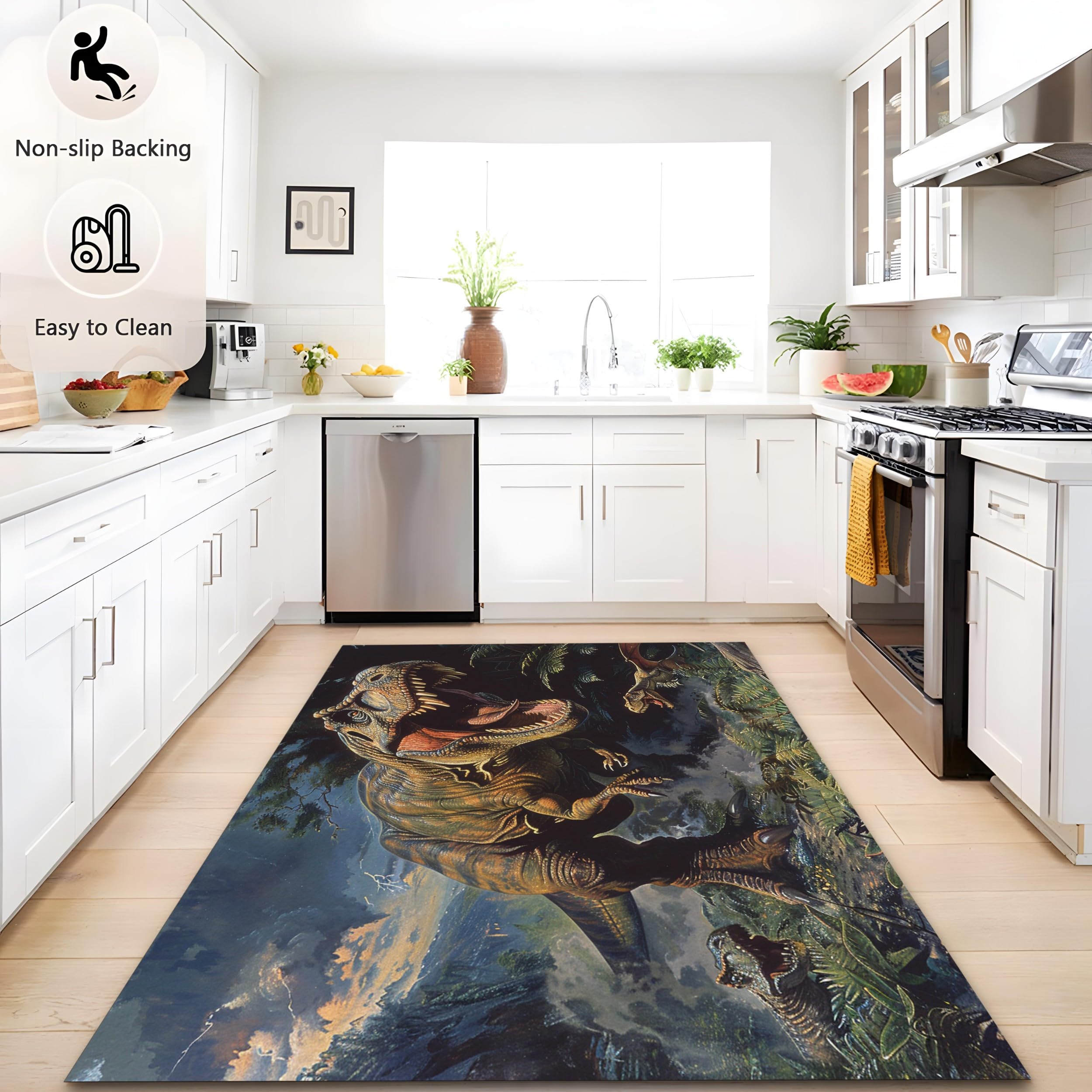 Teppich Kinderzimmer Gras-Dinosaurier 80x150cm Teppich Wohnzimmer Weich Flauschig Anti-Rutsch Teppich Maschine Waschbar für Schlafzimmer, Küchen, Flur, Esszimmer