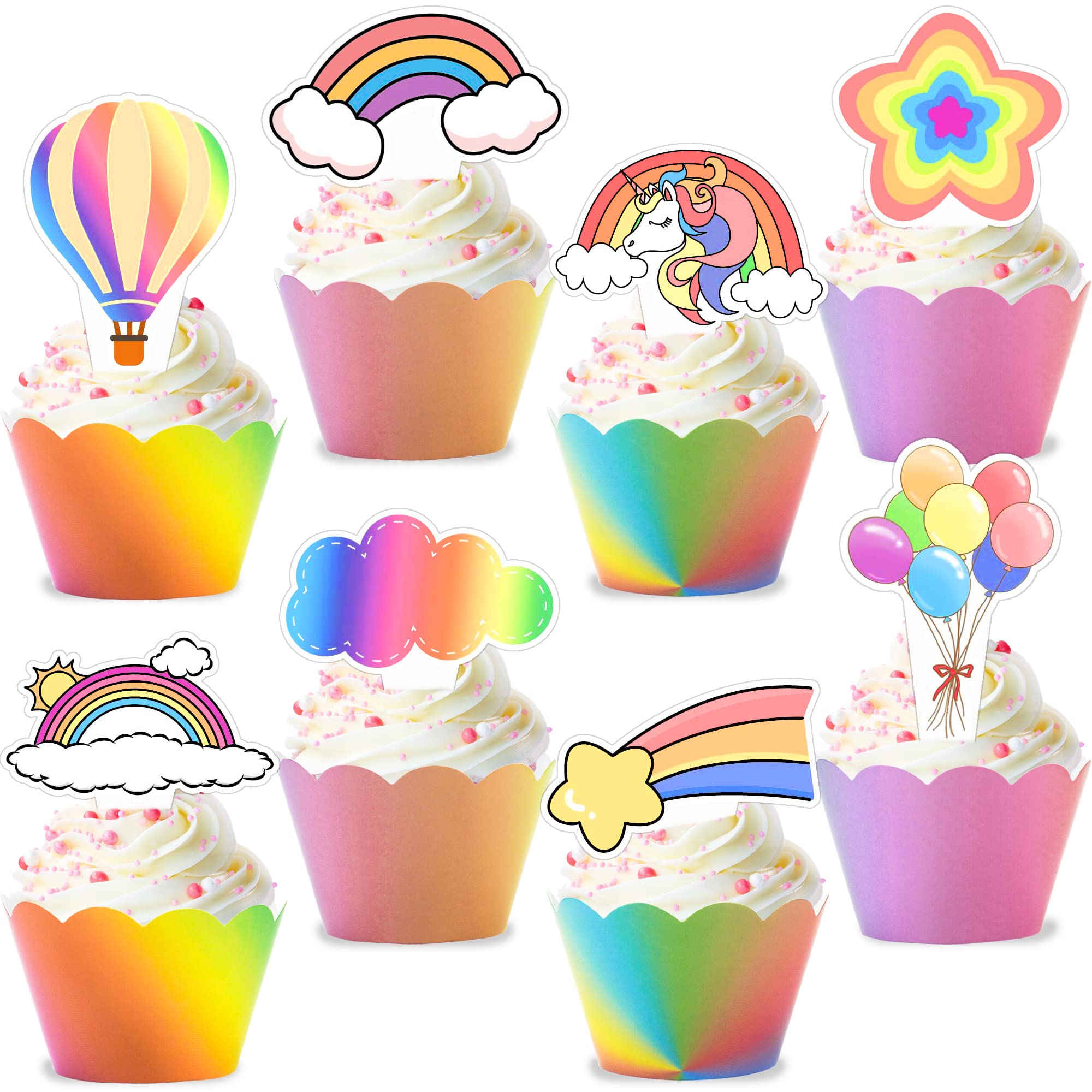 48PCS Rainbow Cake Topper Sets with Cute Unicorn Cloud Half Rainbow, Sun Star Hot Balloons Happy Birthday Decor Cupcake Toppers Picks and Colorful Cupcake Wrappers for Themed Party Supplies