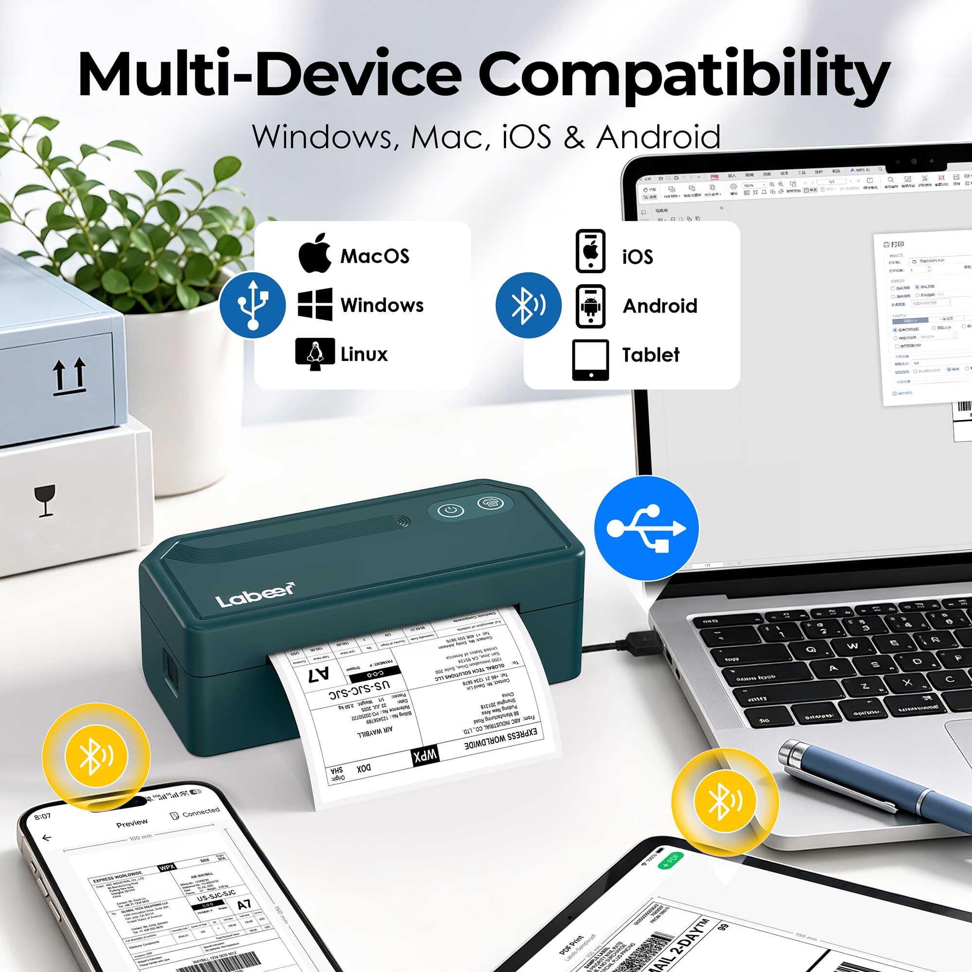 Labeer - Bluetooth Thermo-Etikettendrucker, kabelloser Etikettendrucker 4x6 für Versandpakete, Büro für kleine Unternehmen oder Zuhause, kompatibel mit Windows/Mac/iPhone/Amazon/Ebay