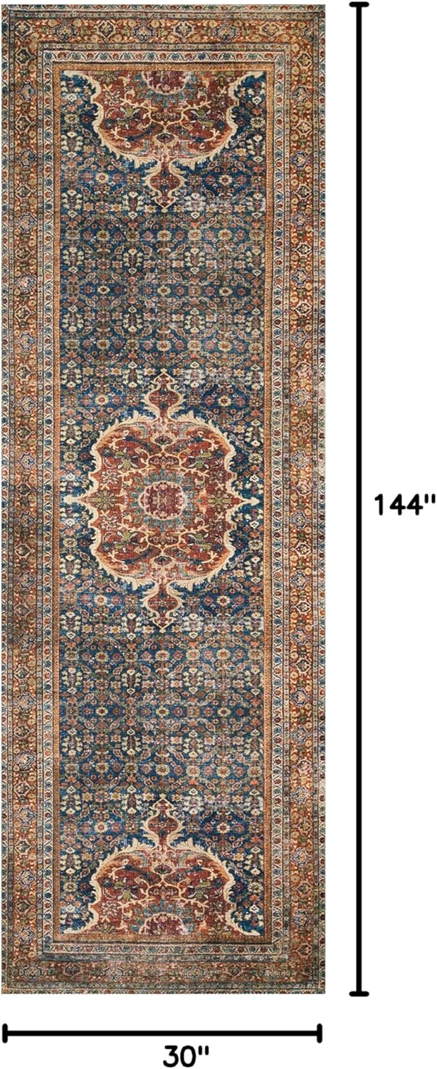 loloi layla collection lay-09 cobalt blue/spice 2'-6" x 12'-0" .13" thick runner rug, soft, durable, vintage inspired, distressed, low pile, non-shedding, easy clean, printed, living room rug 2'6" x 12' (rectangular) cobalt blue / spice