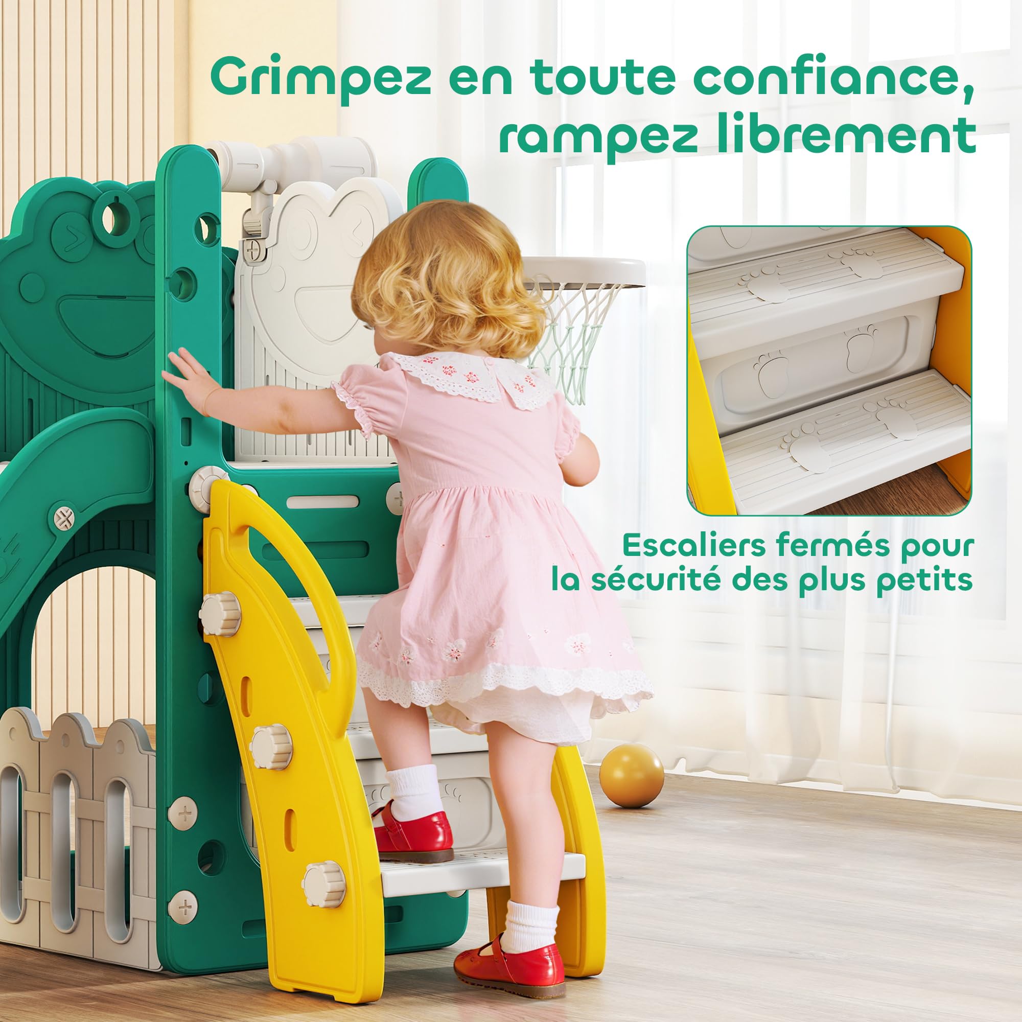 AIYAPLAY Toboggan pour Tout-Petits 5 en 1 avec Panier de Basket, Jaune | Toboggan Autoportant pour Enfant, Centre d'Activités pour Aire de Jeux, Structure d'Escalade, Télescope, Boîte de Rangement