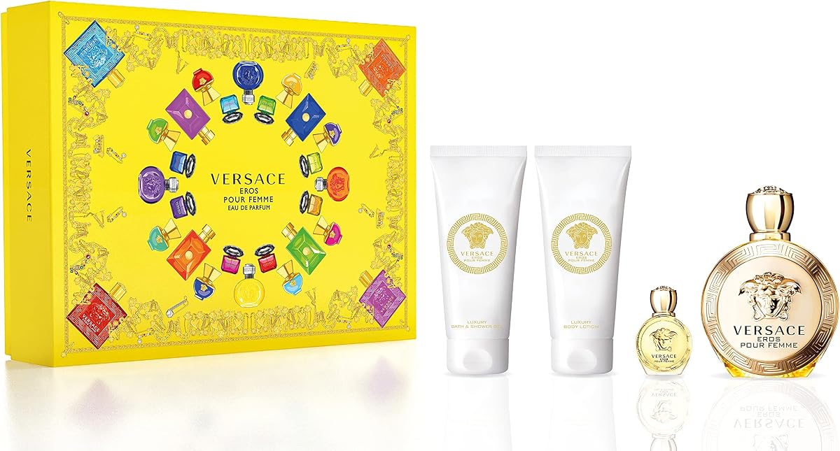 Versace Eros Pour Femme Set de regalo de 4 piezas para mujer (Eau De Parfum Spray + Loción corporal + Gel de ducha) 3.4 onzas cada uno + 0.17 onzas Mini Spray