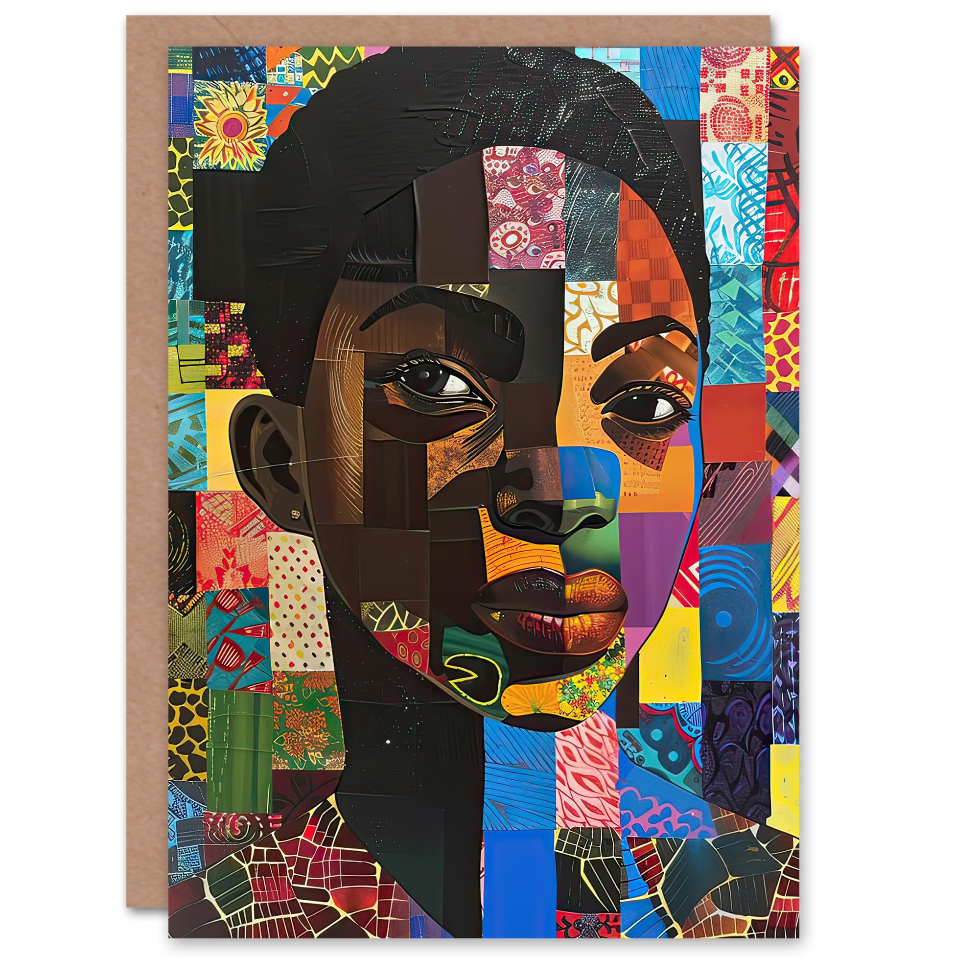 Artery8 Greeting Card Colourful Patchwork Black Woman Portrait Beauty Blank For Him Or Her Art Birthday Card