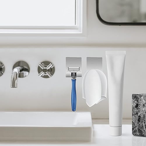 Miniatura 4 de Performore Paquete de 2 soportes para maquinilla de afeitar de acero inoxidable con adhesivo 3M, ganchos de ducha autoadhesivos impermeables para