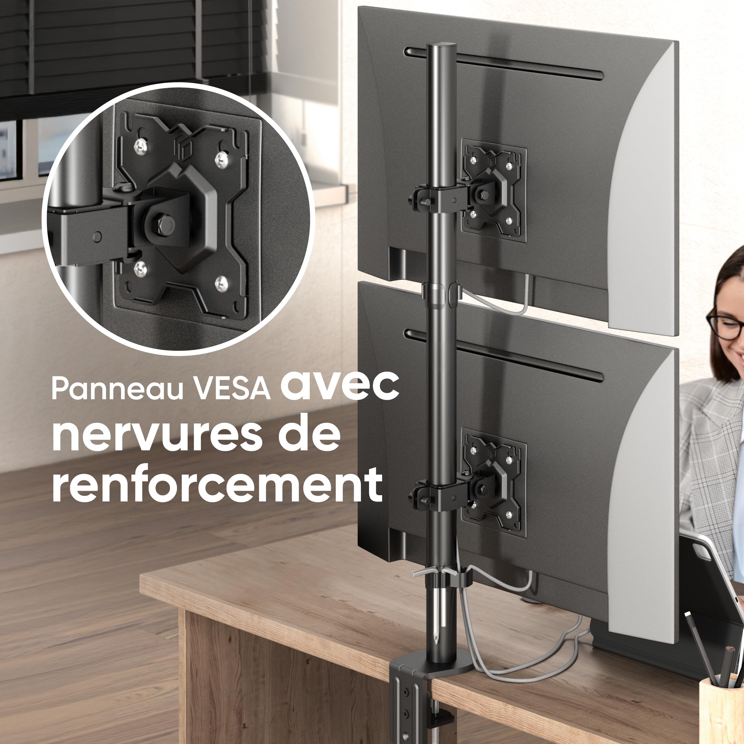 ONKRON Support Ecran PC 2 Ecran pour Deux 13-34 Pouces Écrans 8 kg Chacun, Pied Ecran PC Vertical VESA 75x75 & 100x100, Bras d'Écran Pivotant Rotatif, Support Ecran PC Bureau Inclinable Noir D208E-B