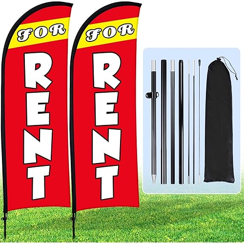 Buryeah 2 Sets FOR RENT Feather Flag Kit 7 x 5.4 ft FOR RENT Flag Banner Bulk with Pole Ground Spike and Portable Bag FOR RENT Sign for Estate Flags Business Advertising Outside Ground(Red)
