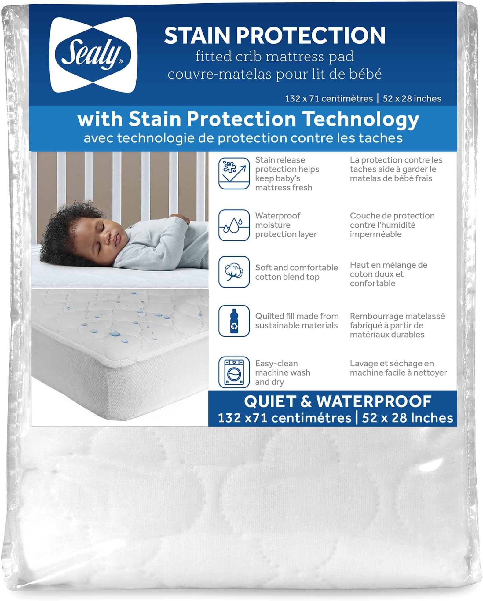 Stain Protection Waterproof Crib Mattress Protector – Noiseless Fitted Sheet Cover with Quilted Cotton-Blend Top for Comfort – Machine Washable and Easy-to-Clean Toddler Pad, 52 x 28, White
