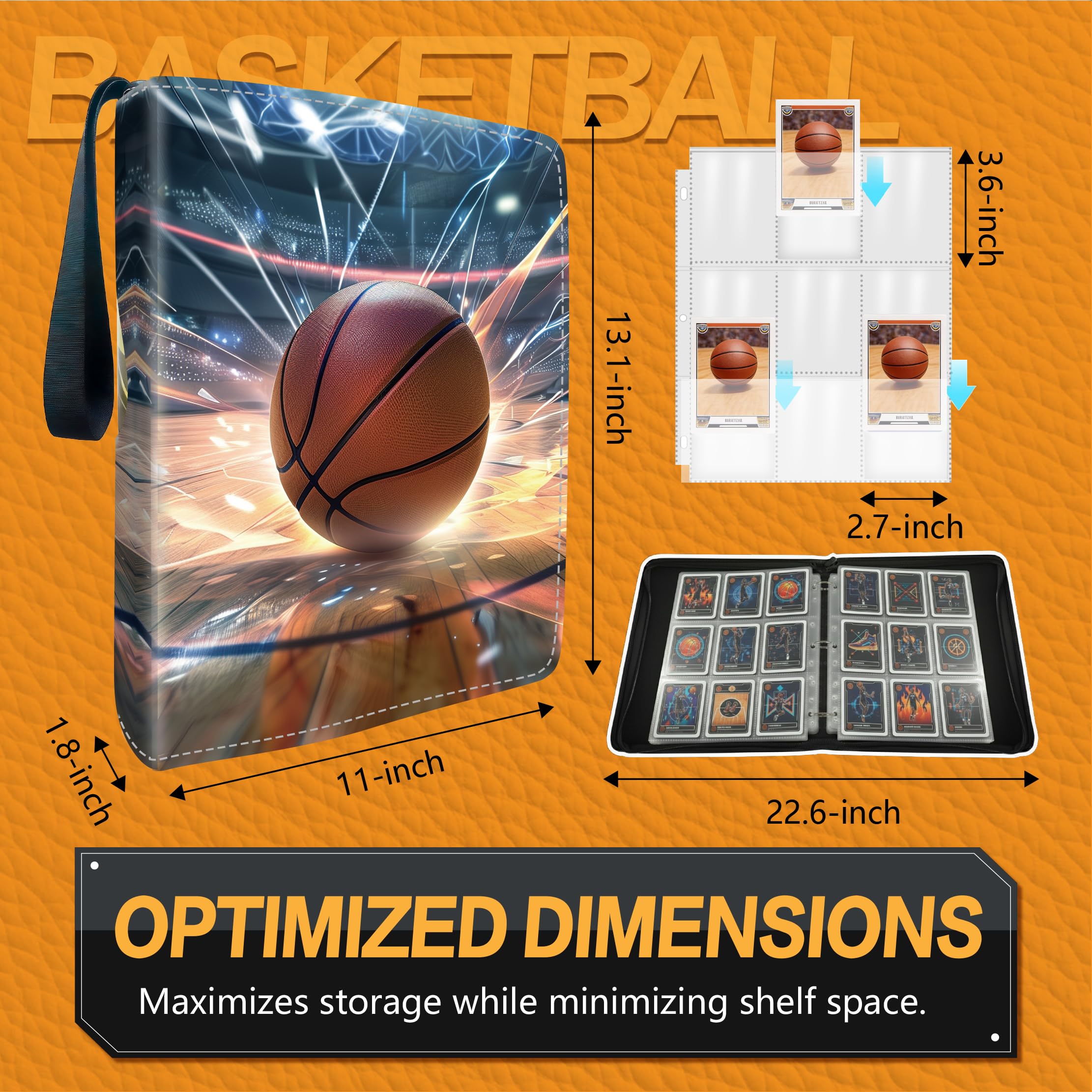 XS02 Classeur pour cartes de basket-ball avec pochettes, 9 poches, protecteur de cartes portable avec fermeture éclair, peut contenir 900 cartes avec 50 pochettes amovibles, étui de transport pour