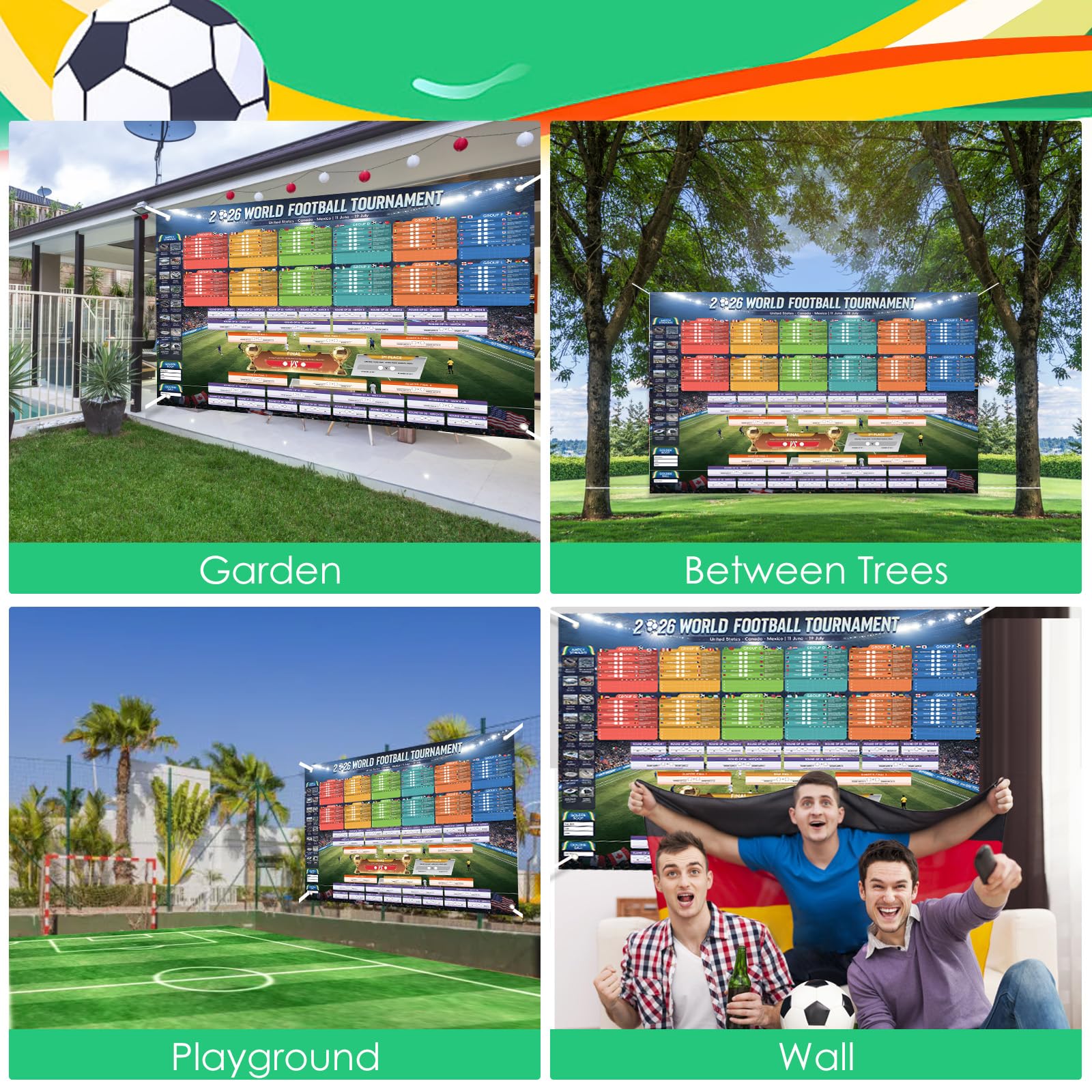 AhfuLife Grande grafico da parete in tessuto per decorazioni per feste 2026, 180 x 110 cm, include 48 squadre gruppo risultati finali calendario da parete per tifosi di calcio per interni ed esterni