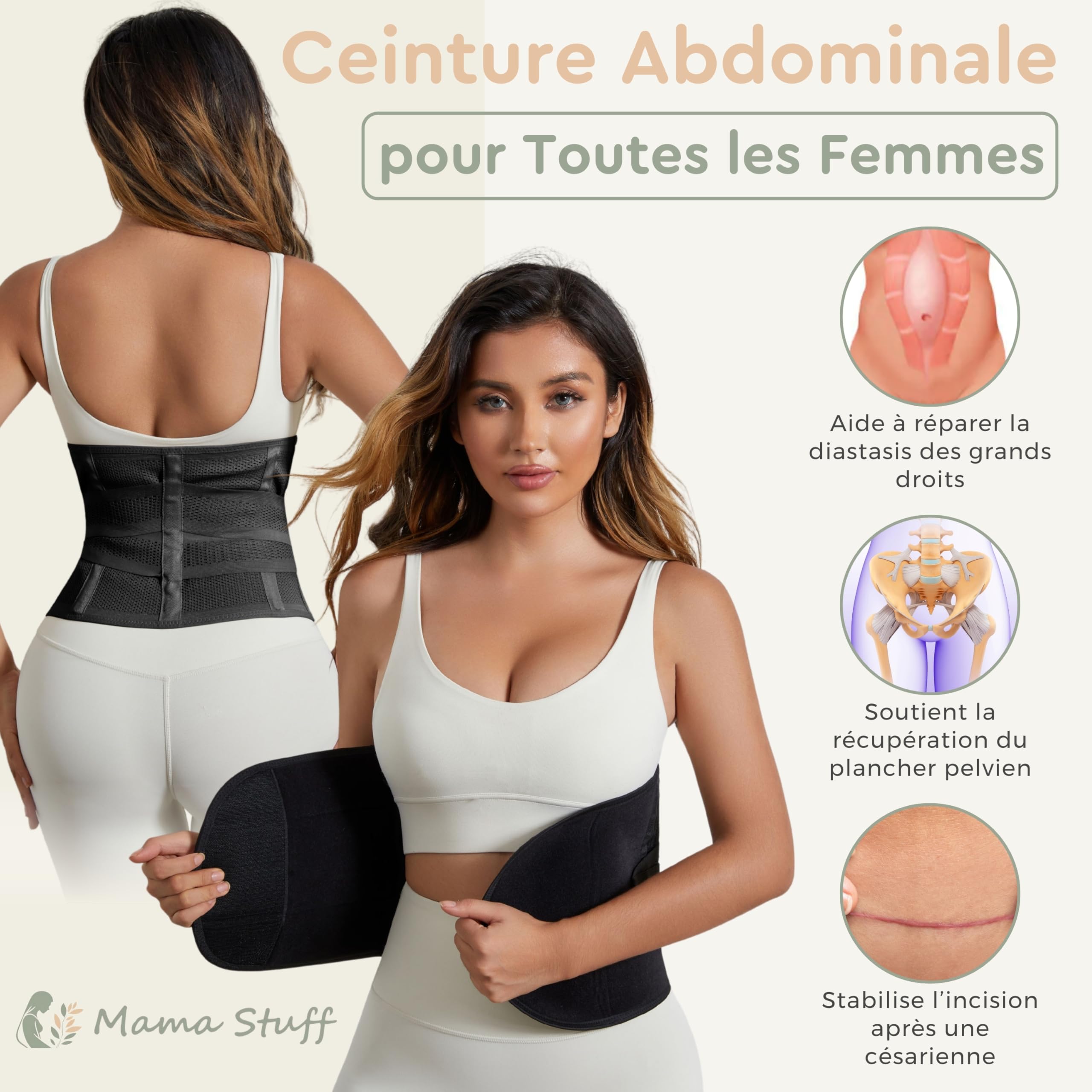 BellyHug – Ceinture Post Accouchement Gainante et Abdominale | Gaine Post Partum pour Femme – Soutien du Ventre, Taille et Bassin, Compression Ajustable (Noir, L)