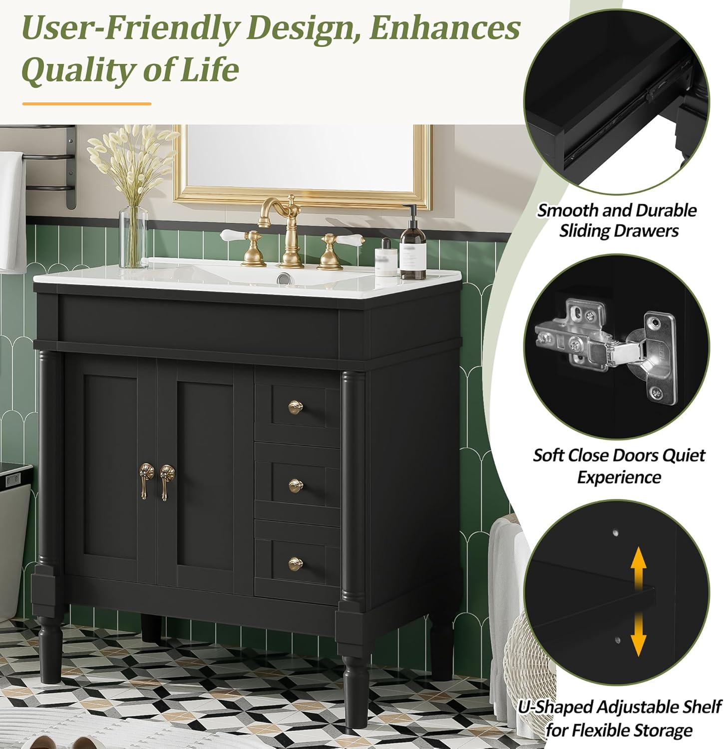 Virubi 30" Mid Century Modern Bathroom Vanity with Sink, Soft Closing Doors and Drawers, Solid Wood and MDF Farmhouse Single Bathroom Sink Cabinet with Storage, Adjustable Shelf, Freestanding (Black)